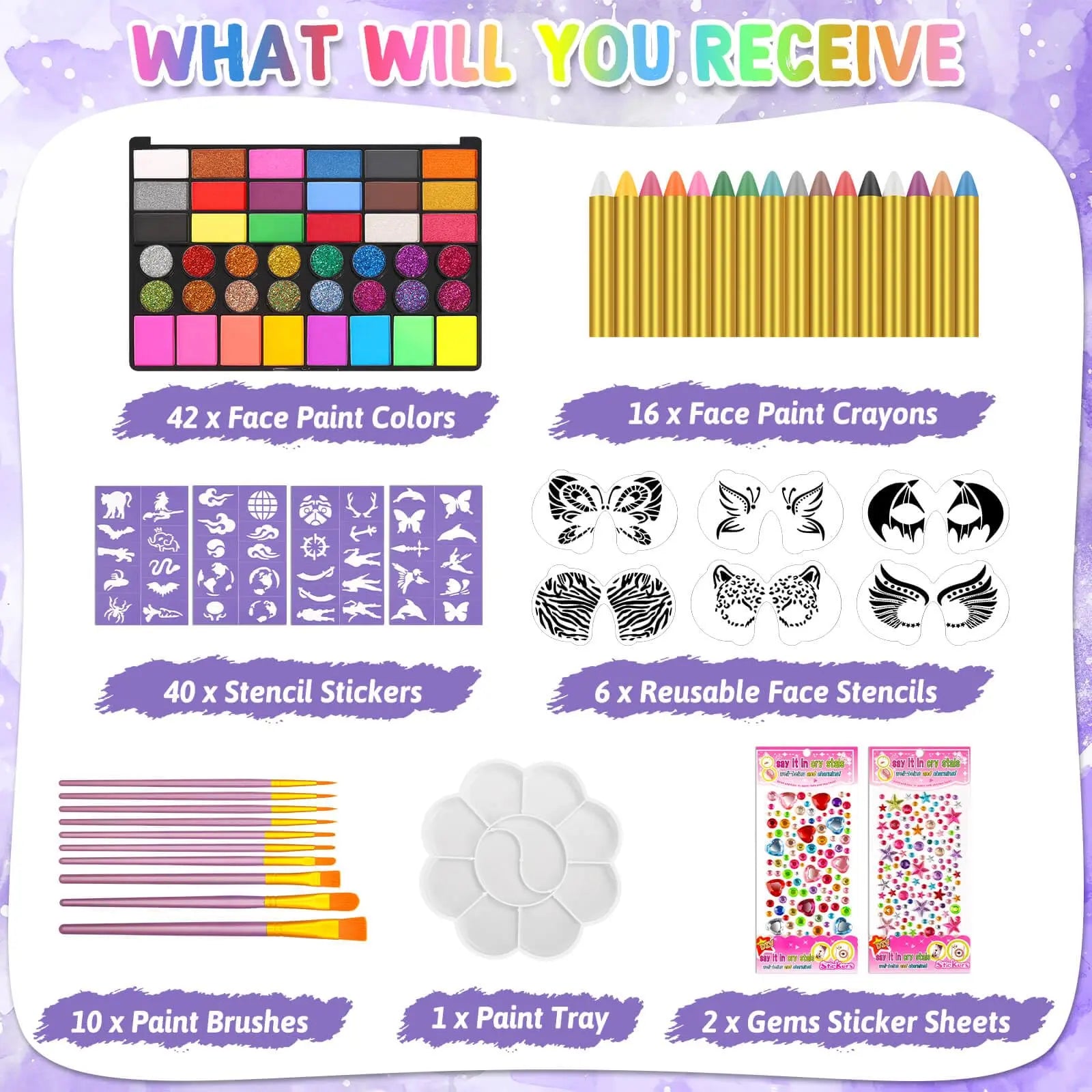 Flasoo Kids Face Painting Kit - 42 Non-Toxic Colors, 16 Crayons, 6 Reusable & 40 Sticky Stencils for Parties & Halloween
