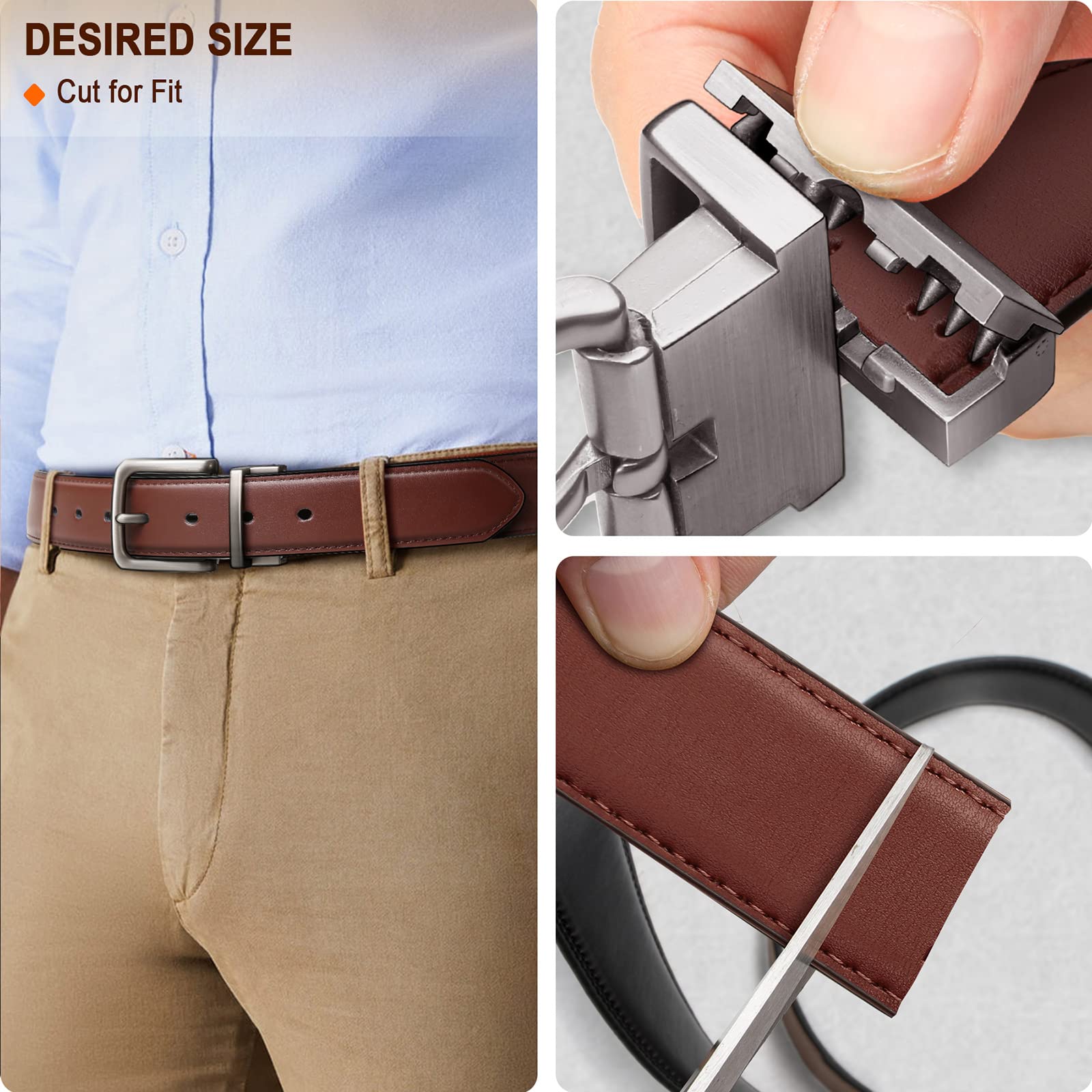 BULLIANT Men's Belt,Reversible Belt Adjustable For Gift Men 1.25”-Cut For Fit-2 Sides in 1 Belt(Not 2)(Black/Light Brown,32"-34" Waist Adjustable)