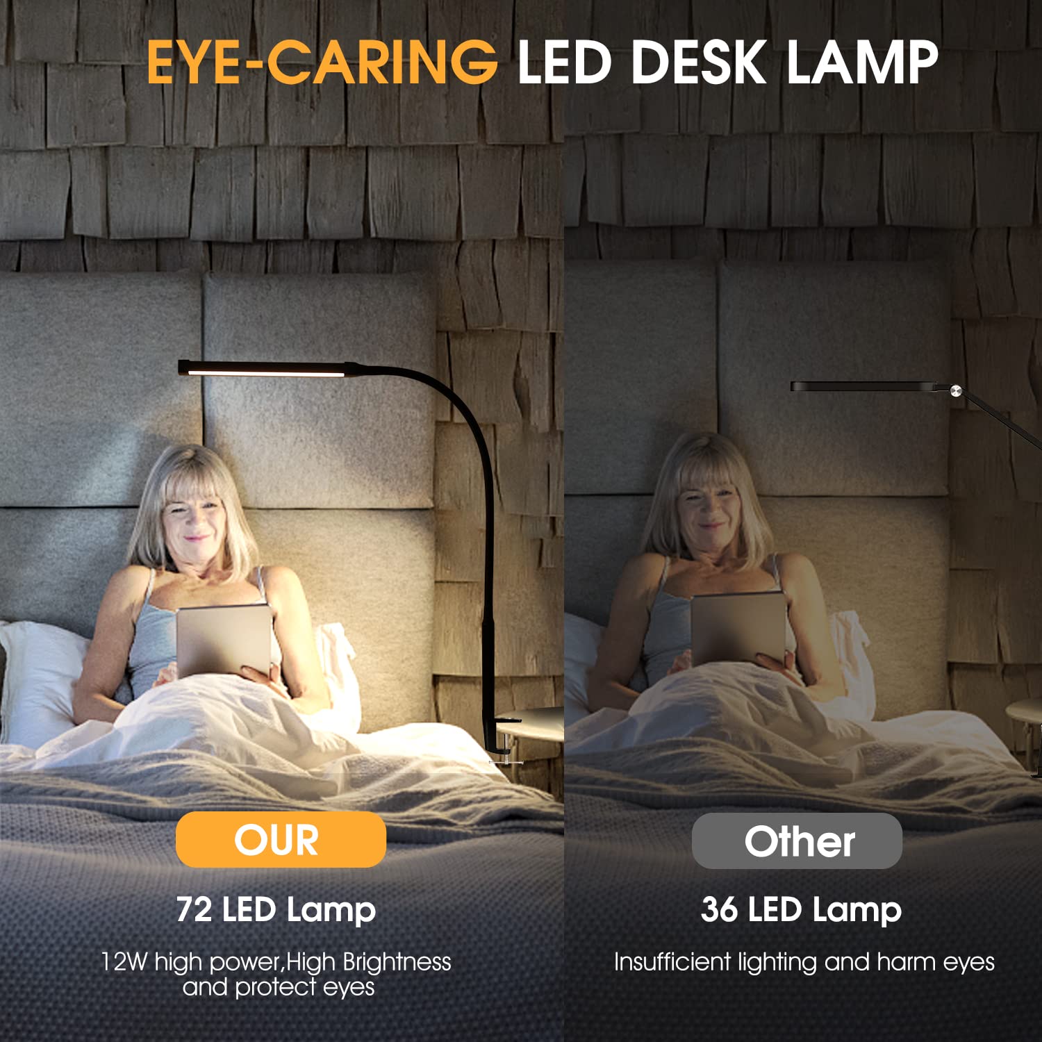 Voncerus LED Desk Lamp with Clamp, Eye-Caring Clip on Lights for Home Office, 3 Modes 10 Brightness, Long Flexible Gooseneck, Metal, Swing Arm Architect Task Table Lamps with USB Adapter, Black