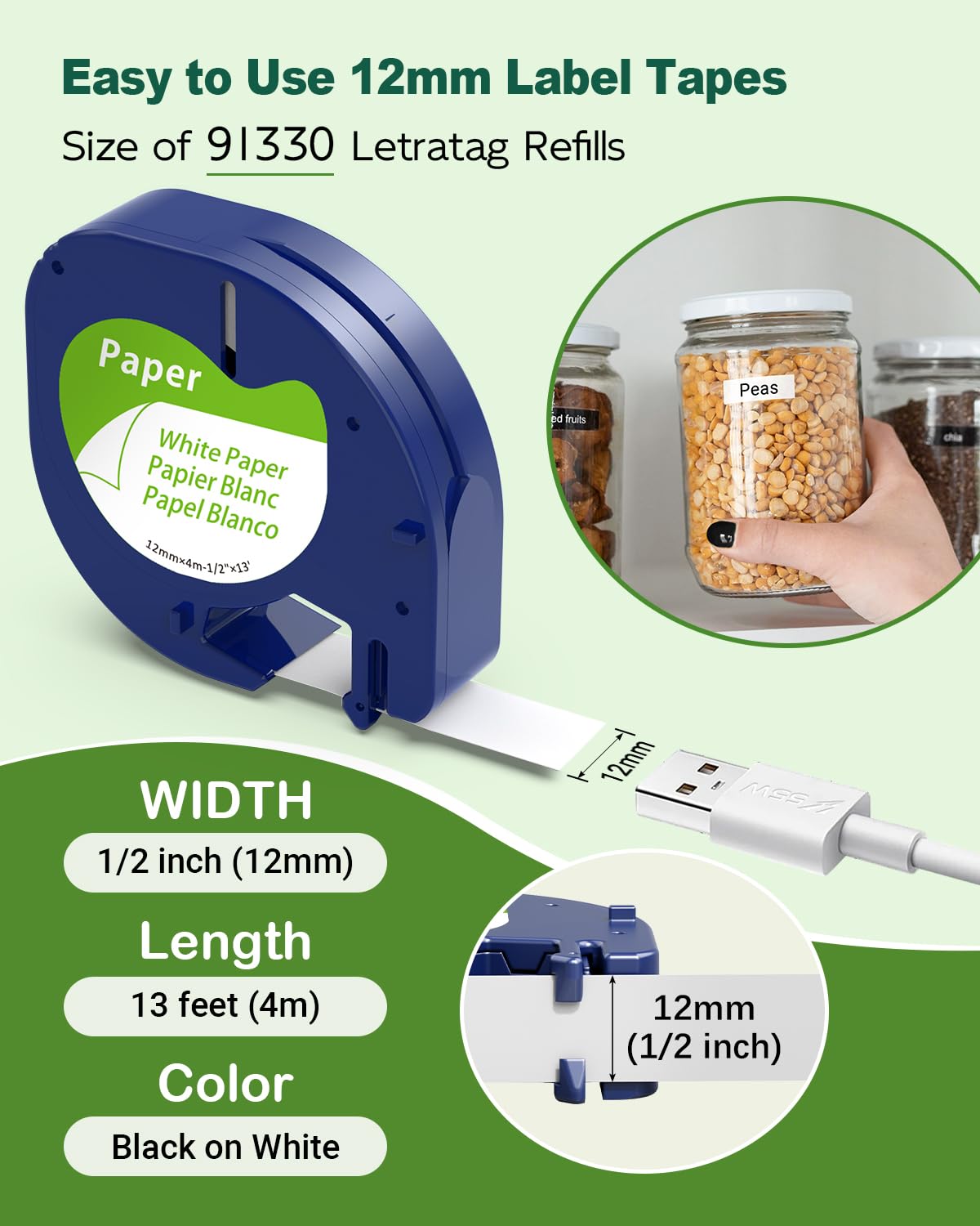Aonomi Paper White Tape Replace for DYMO Label Maker Refills 91330, Compatible with Dymo Letratag Refills 1/2" x 13' for Dymo 200B LT 100H 100T Plus Labeler, 5-Pack
