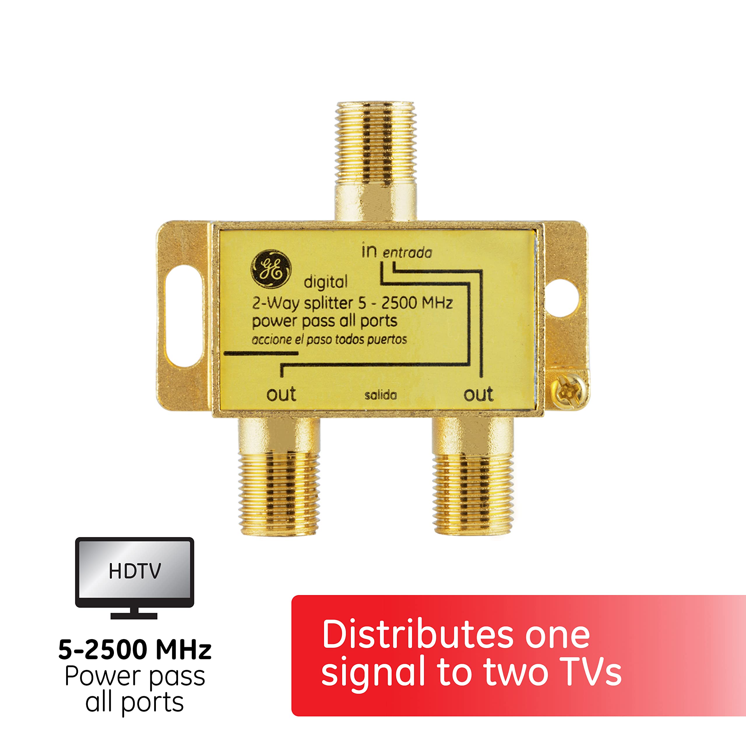 GE Digital 2-Way Coaxial Cable Splitter, 2.5 GHz 5-2500 MHz, RG6 Compatible, Works with HD TV, Satellite, High Speed Internet, Amplifier, Antenna, Gold Plated Connectors, Corrosion Resistant, 33526