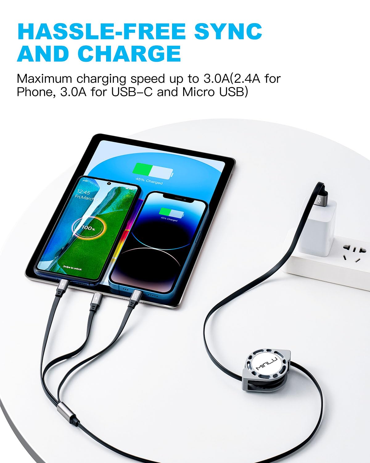 Multi Charging Cable 3A, [2Pack 4ft] Retractable Multi Charging Cord 3 in 1 Fast Charger Cord, Multi Charger Adapter with Lightning/Type C/Micro USB Ports for Cell Phones/iPhone/Samsung/PS/Tablets