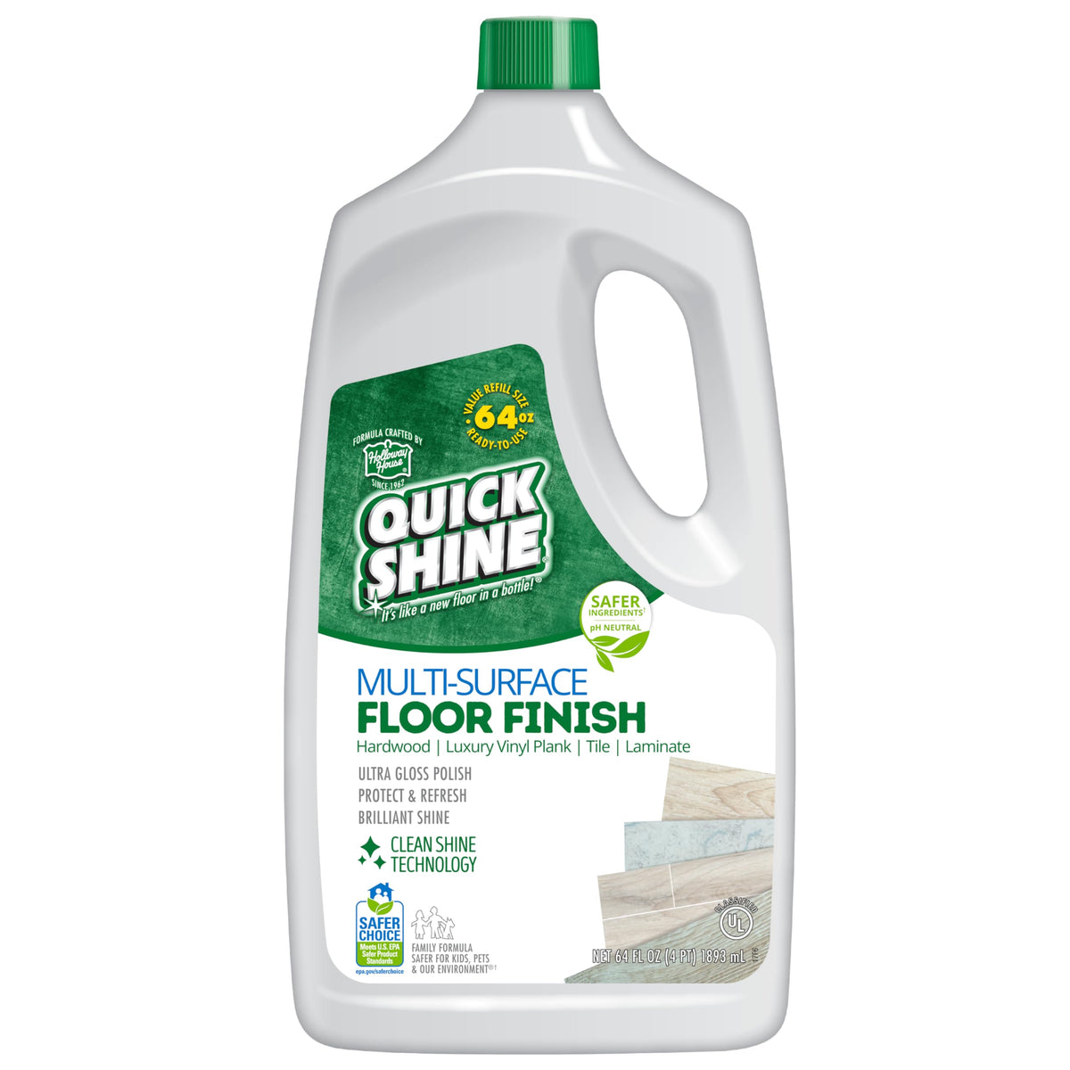 ملمع ومُنظف الأرضيات متعدد الأسطح Quick Shine بحجم 64 أونصة | منظف وملمع للاستخدام على الخشب الصلب والباركيه وألواح الفينيل الفاخرة LVT والبلاط والحجر | اختيار أكثر أمانًا بتقنية اللمعان النظيف | يلمع - يحمي - ينعش