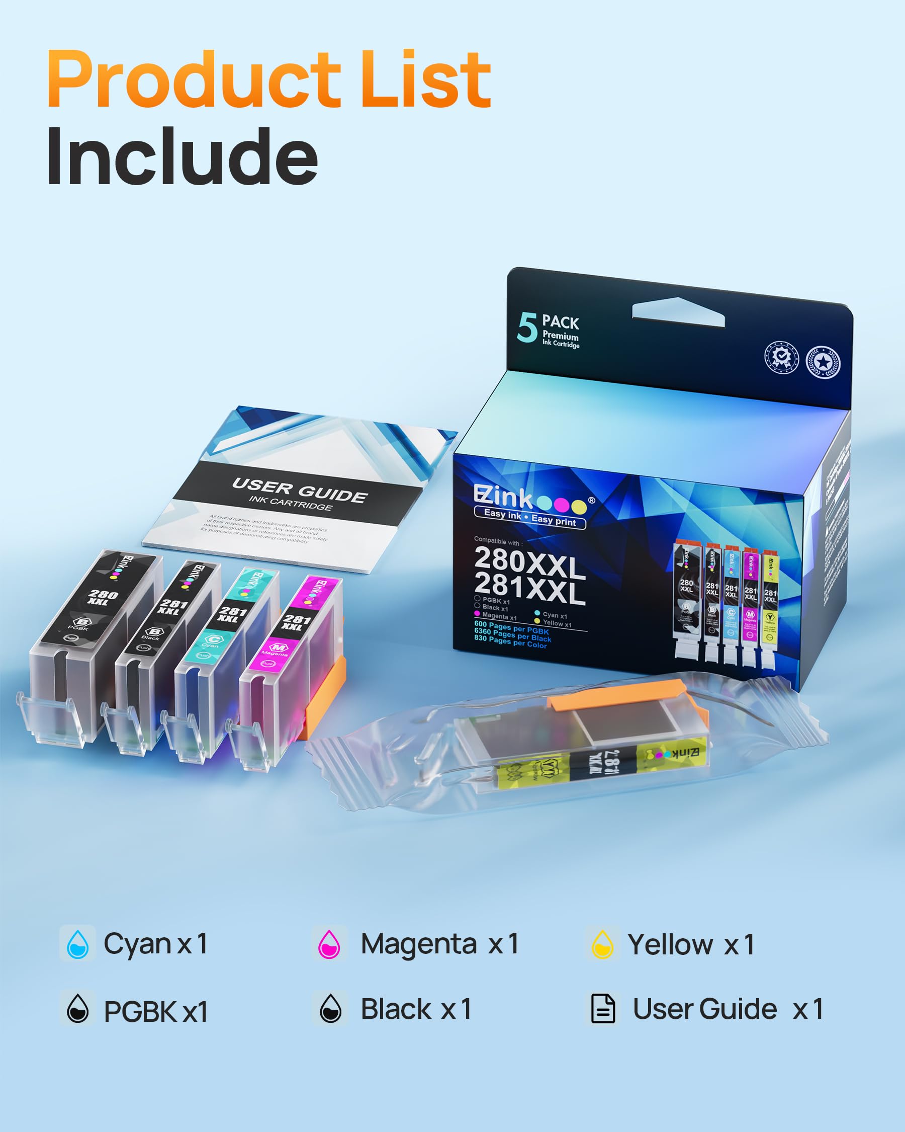 E-Z Ink Compatible Tr8620a Ink Cartridge Replacement for Canon PGI-280XXL CLI-281XXL 280 XXL 281 XXL Compatible with TR8520 TR8620a TR8620 TS702a TS9520 TS9521C TR8520 TS6220 TS6320 TS8220 (5 Pack)