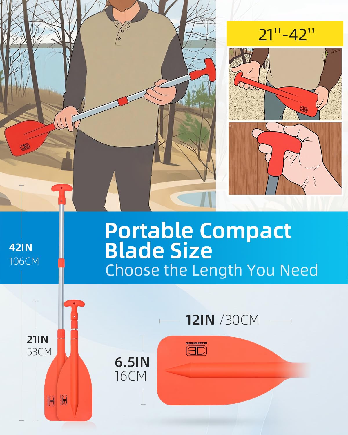 OCEANBROAD Telescoping Emergency Paddle 21''-42''（Assembling Required） Collapsible Paddles Aluminium Shaft for Kayaking Boating Canoeing River Tubing, Orange, 1 Paddle