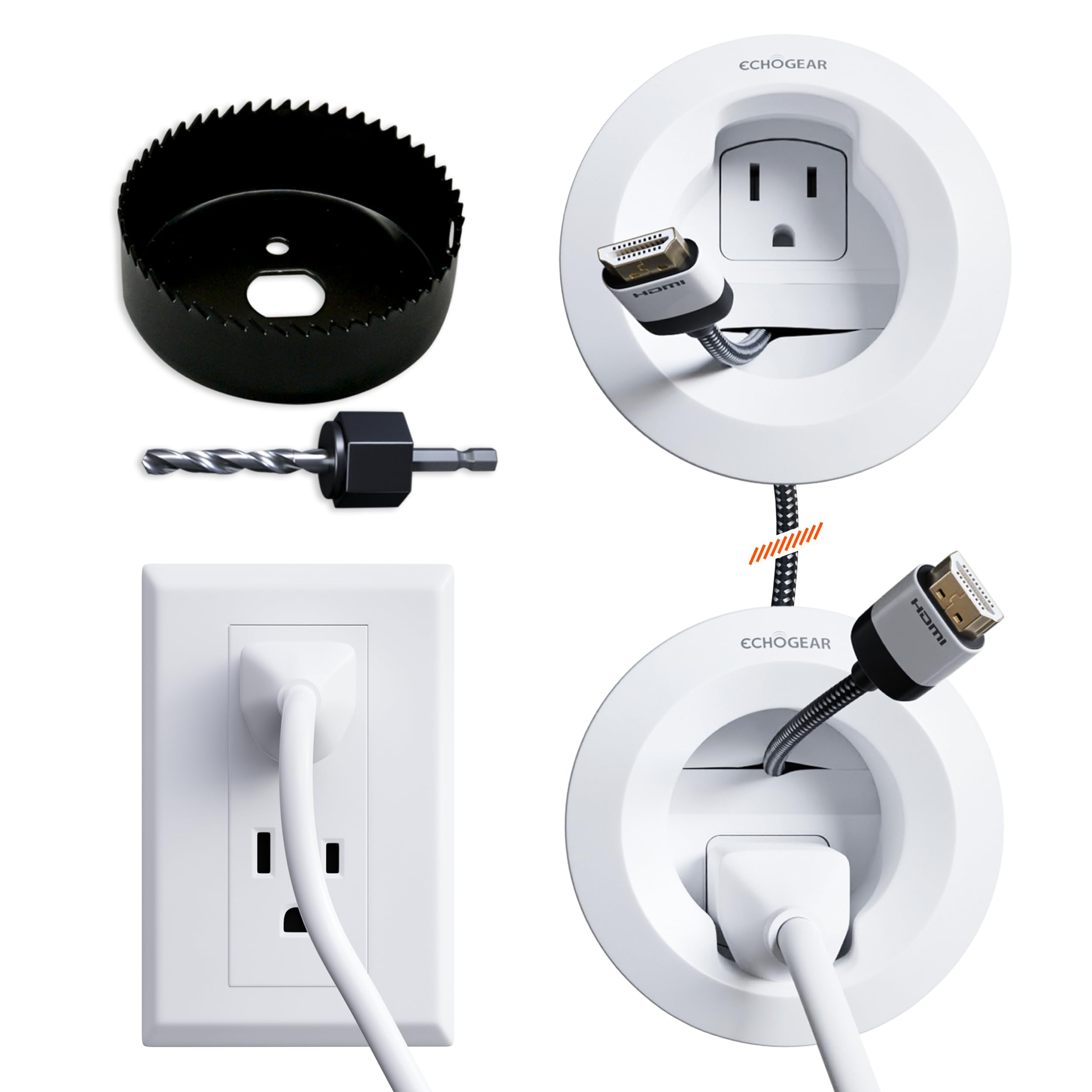 ECHOGEAR in-Wall Cable Management Kit for Power & Low Voltage Cords - Hide TV Wires Behind The Wall - Includes 3.75" Diameter x 3.25" Depth Modules, 6ft Extension Cord, Drywall Hole Saw Attachment