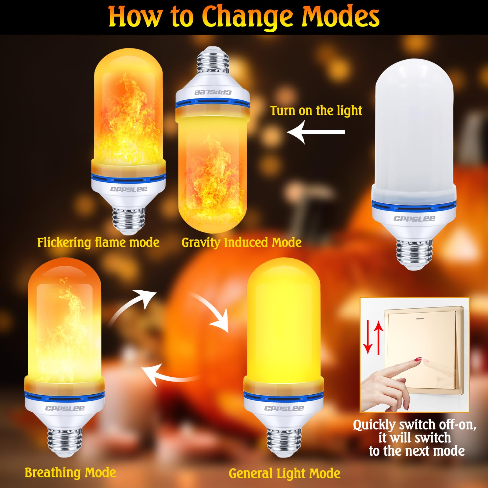 Halloween Decorations Upgraded LED Flame Light Bulbs, 4 Modes Flickering Light Bulbs, E26 Base Fire Flame Bulb, Christmas Lights Patio Outdoor Indoor Home Decor (Yellow, 2 Pack)