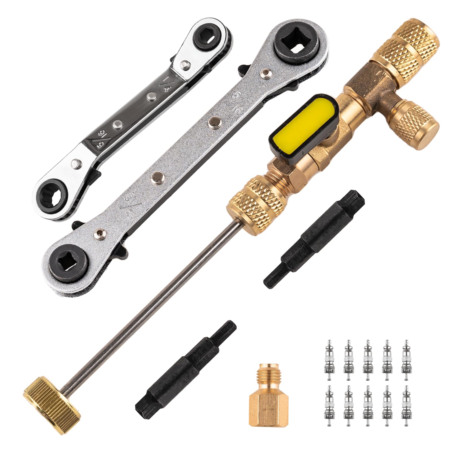 jiouxip Valve Core Remover Installer Tool and HVAC Service Wrench Set with Hex Bit Adapters, Dual Size SAE 1/4 to 5/16 Port, 5/16'', 3/8'' Refrigeration Service Wrench, 10 Valve Core