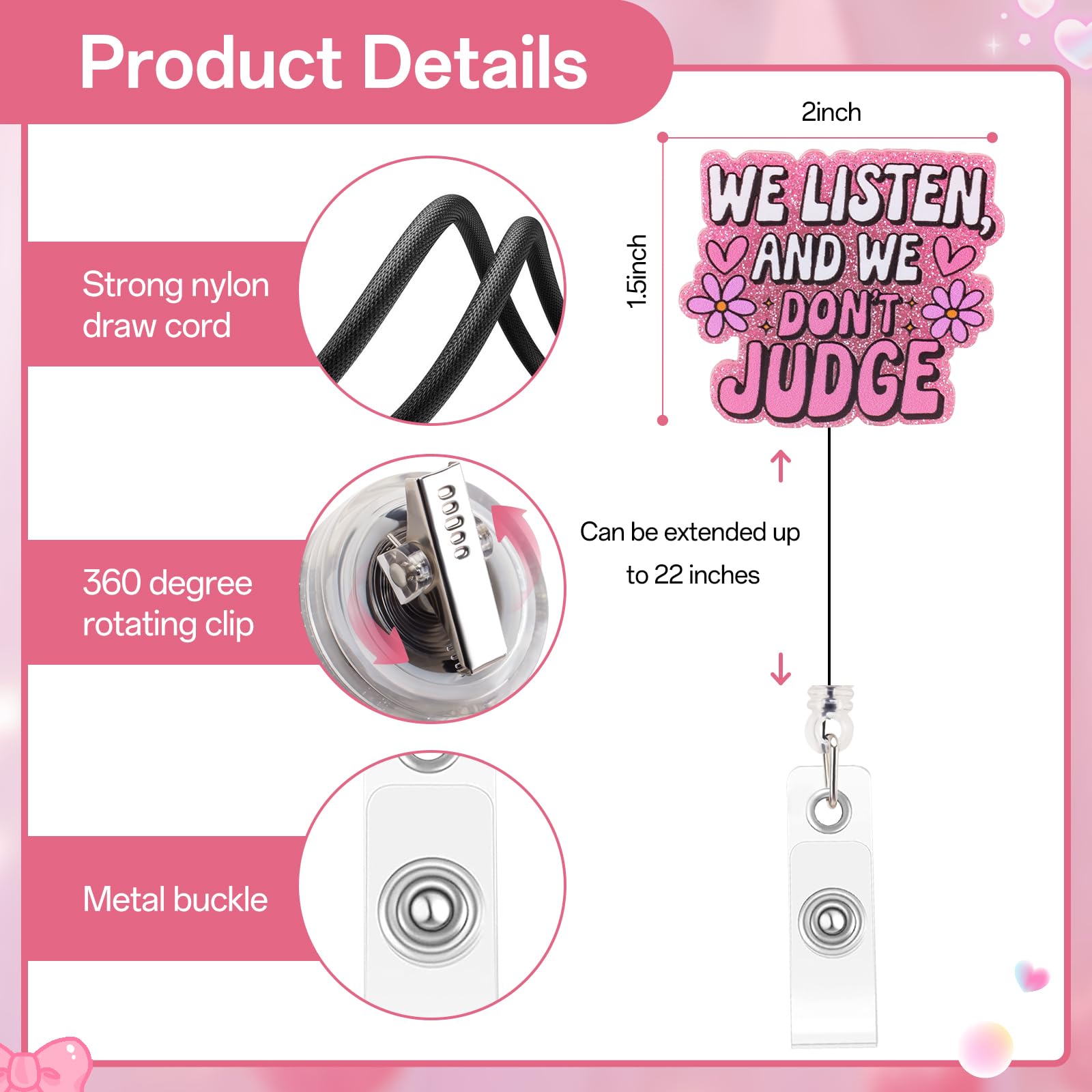 Funny and Cute Badge Reel Nurse Worker Badge Holder Retractable We Listen and We Don't Judge Badge Reel for Hr Nurse Office Workers