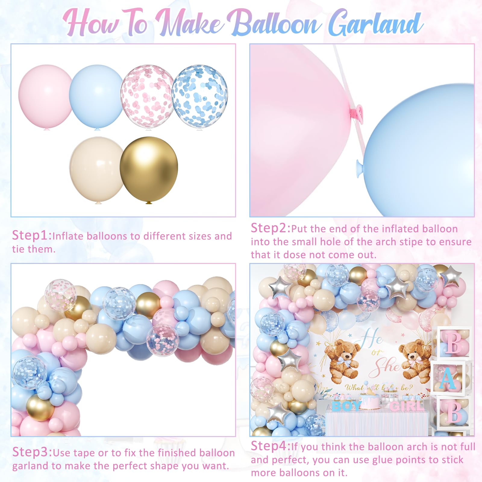 Bear Gender Reveal Balloon Boxes Decorations - 158pcs Pink Blue Balloon Garland Kit, 4pcs Baby Box With Letters, Backdrop for Baby Shower, Boy or Girl Party Supplies