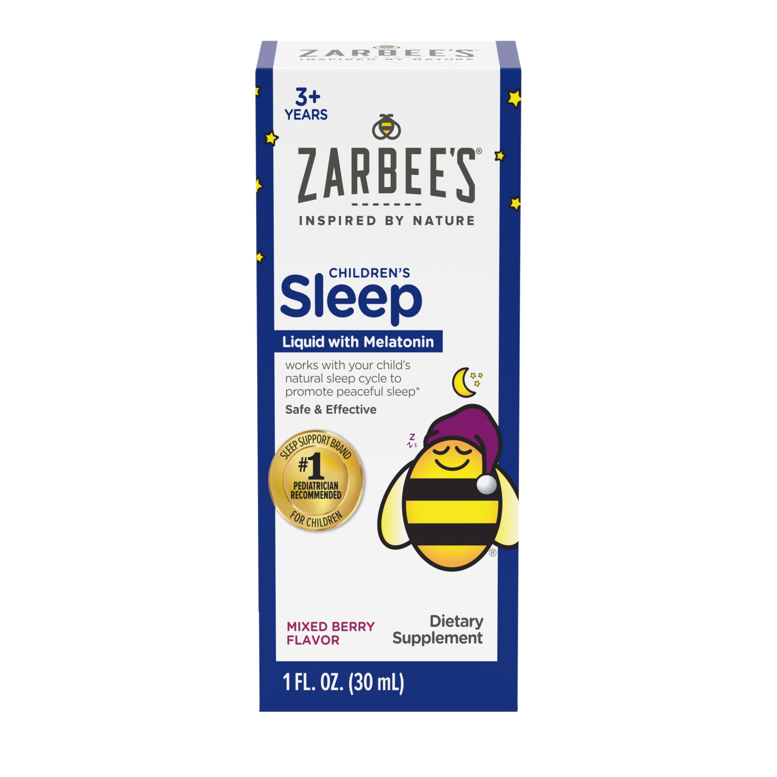 Zarbee's Kids Liquid Sleep Supplement with Melatonin 1 mg; Drug-Free & Non-Habit Forming Sleep Support; Easy-to-Take, Natural Berry Flavor; for Children Ages 3 and Up; 1 Fl Oz Bottle