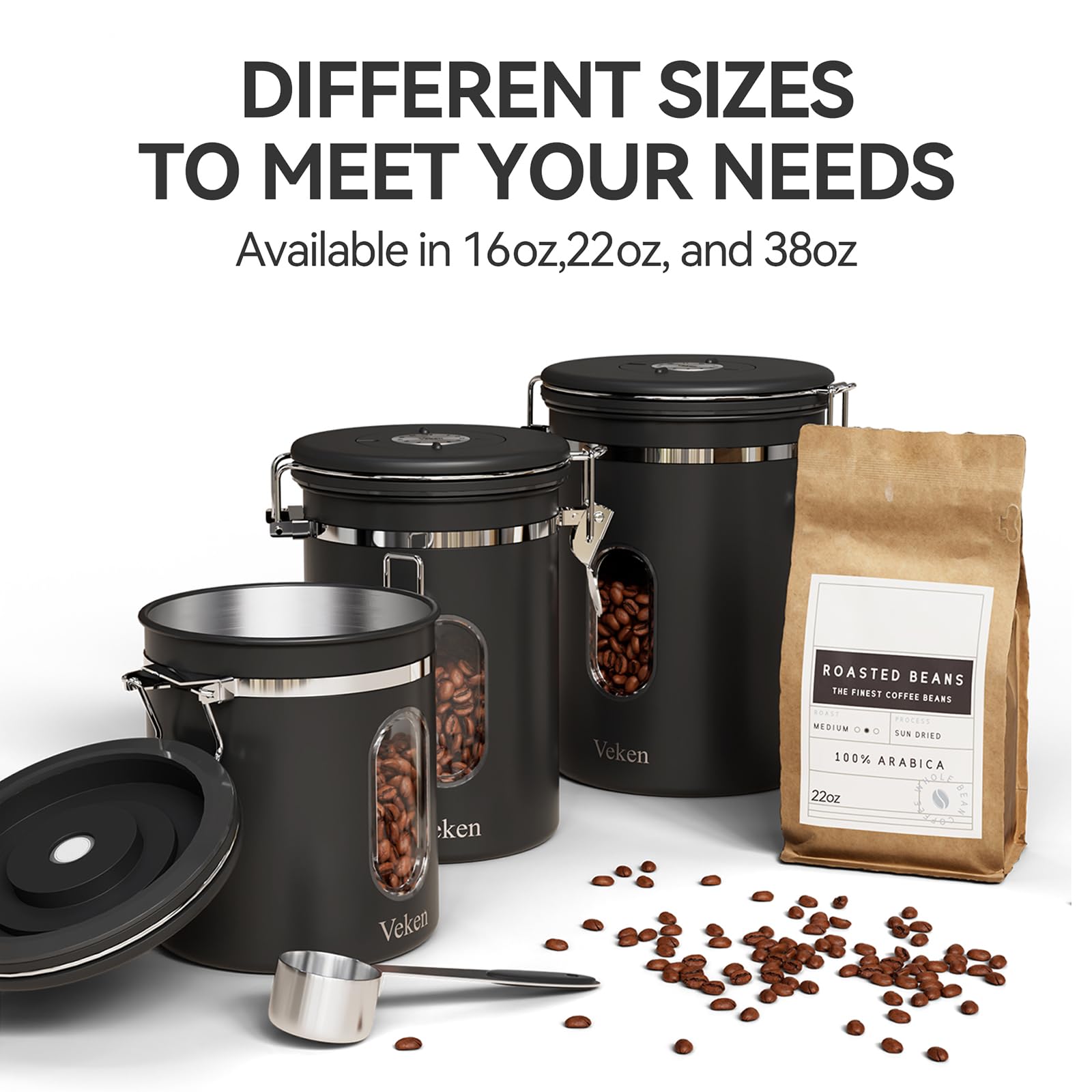 Veken Coffee Canister with Window,Airtight Stainless Steel Container,Home Kitchen Food Storage Organizers for Grounds,Beans,Espresso,Rice,Tea,Sugar,Flour, Cereal,Scoop,Bar Accessories,Gifts,22OZ,Black