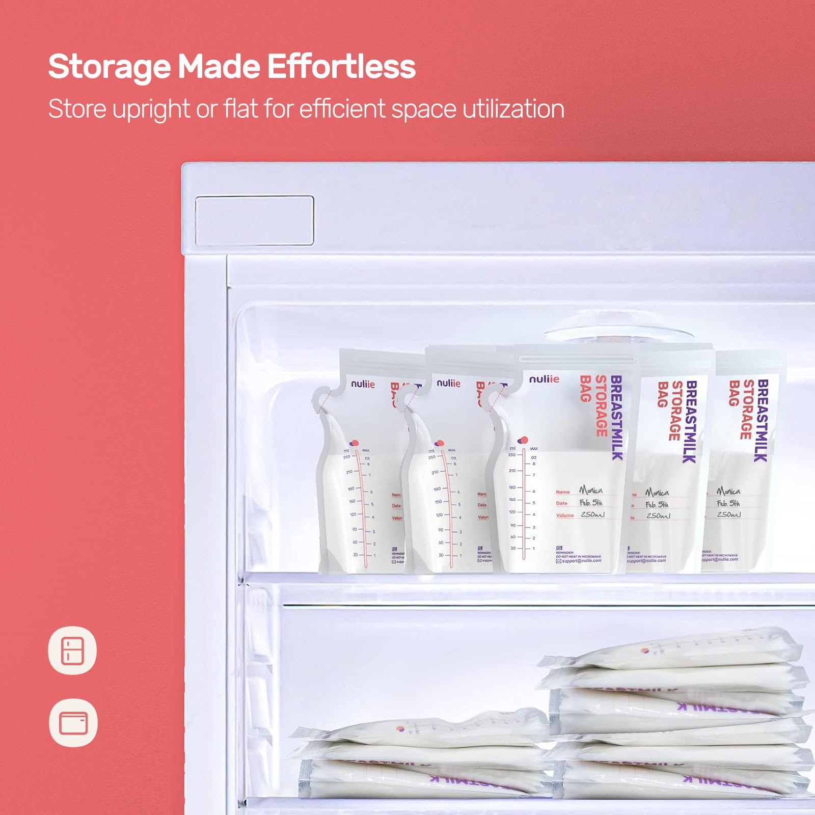 Nuliie 120 Pcs Breastmilk Storage Bags, 8 OZ Breast Milk Storing Bags, BPA-Free, Milk Storage Bags with Pour Spout for Breastfeeding, Self-Standing Bag, Space Saving Flat Profile