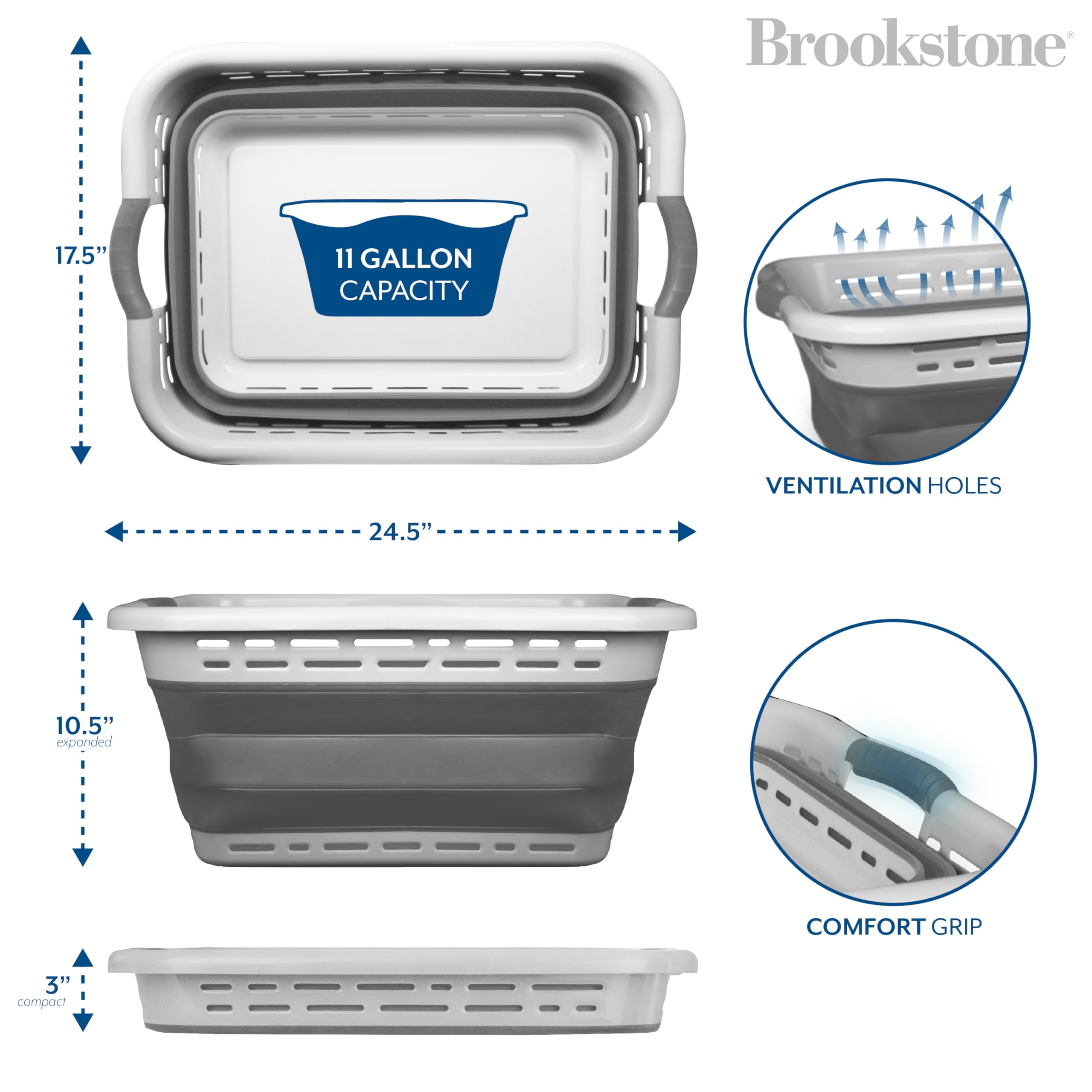 BROOKSTONE, 1 UNIT, 11 GALLONS - [OUR LARGEST BASKET EVER] 24" Collapsible Laundry Basket, Comfort Non-Slip Grip Handles, Minimalist Space Saving Design, Portable Pop-Up Hamper, [BPA FREE]