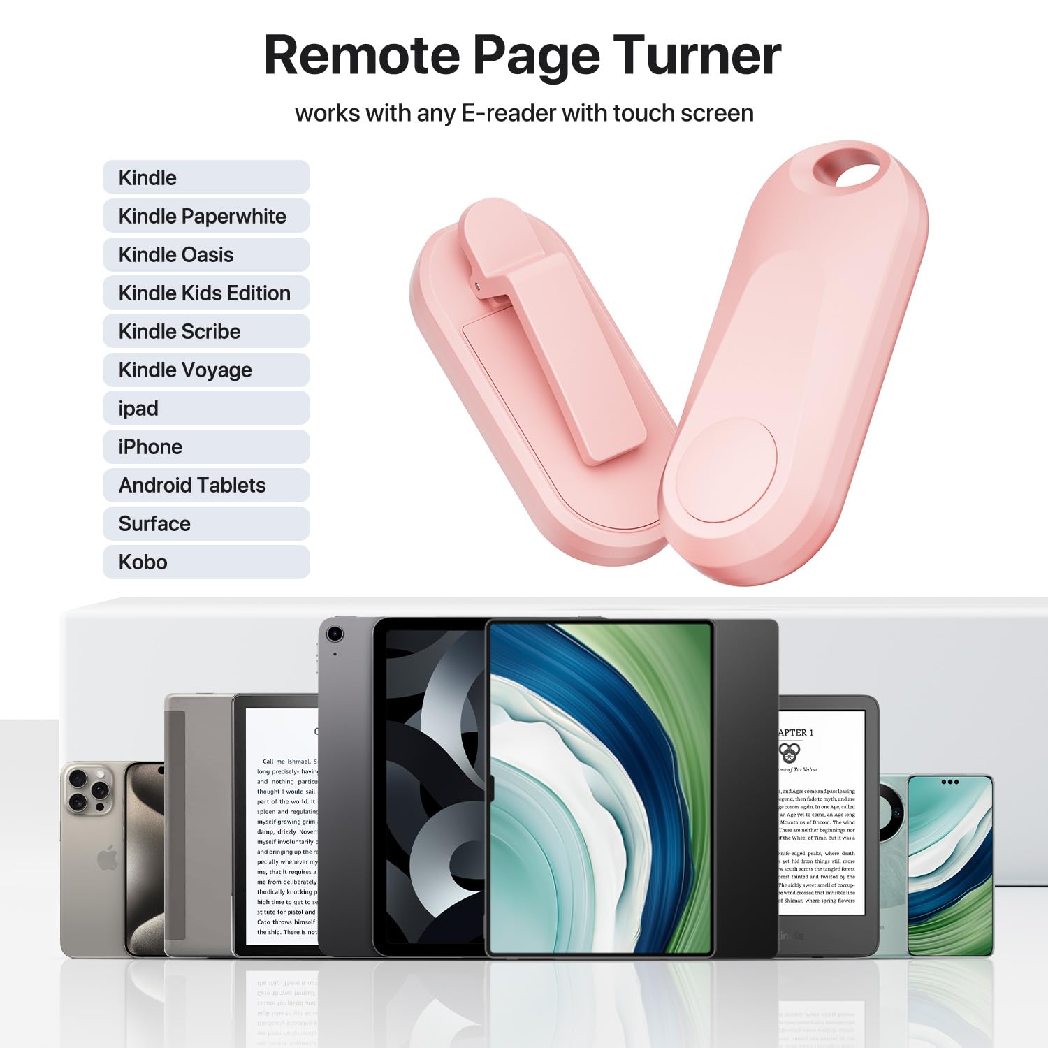 RF Remote Control Page Turner for Kindle Paperwhite Oasis eReaders Kobo,Camera Video Recording Remote Triggers, Page Turner for ipad Tablets Reading Novels Comics (Pink)