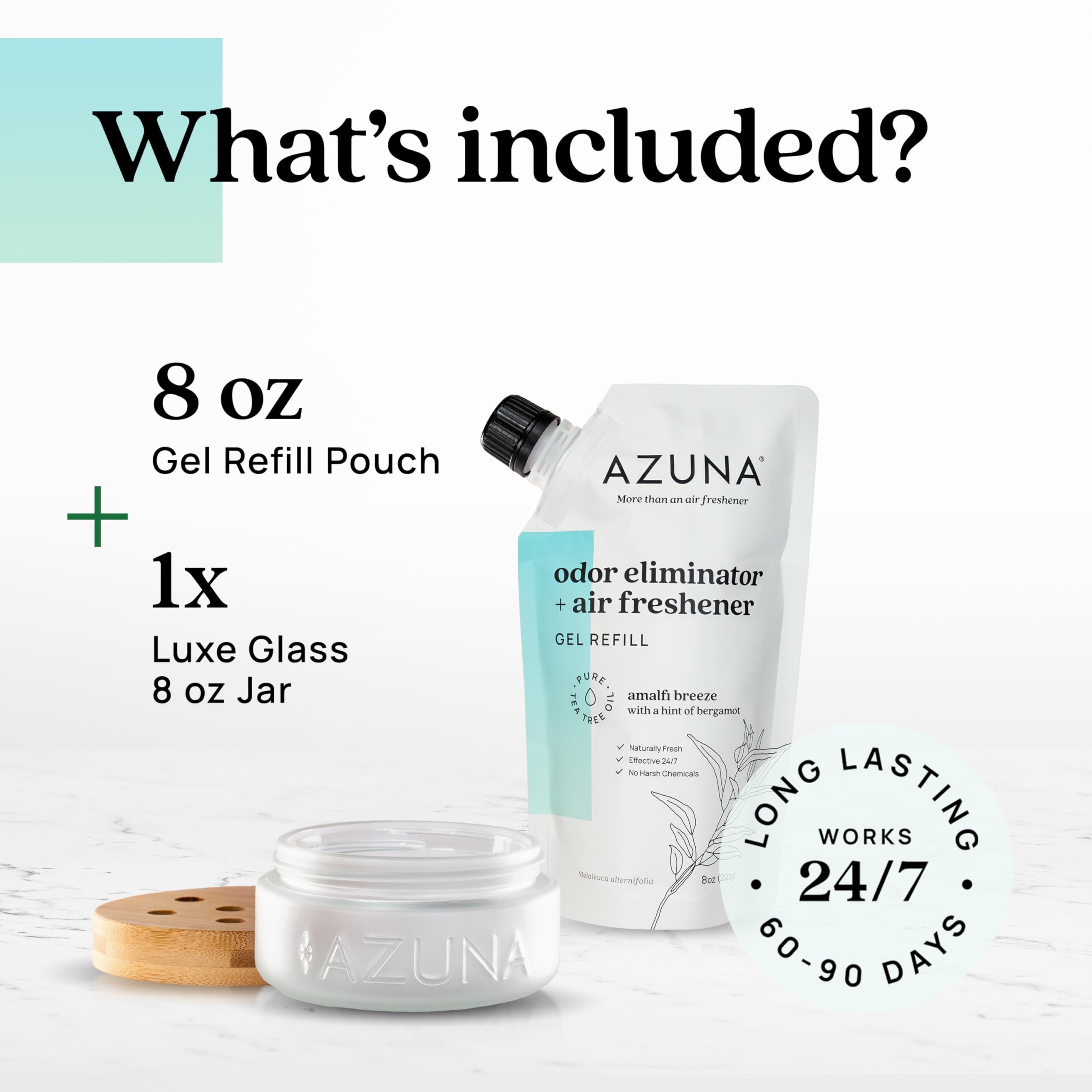 Azuna Air Freshener & Odor Eliminator for Strong Odor | 1 Room Kit Includes (1) Empty Luxe Glass Jar & 8oz Refill with Tea Tree Essential Oil Gel | Amalfi Breeze | Last 60-90 Days