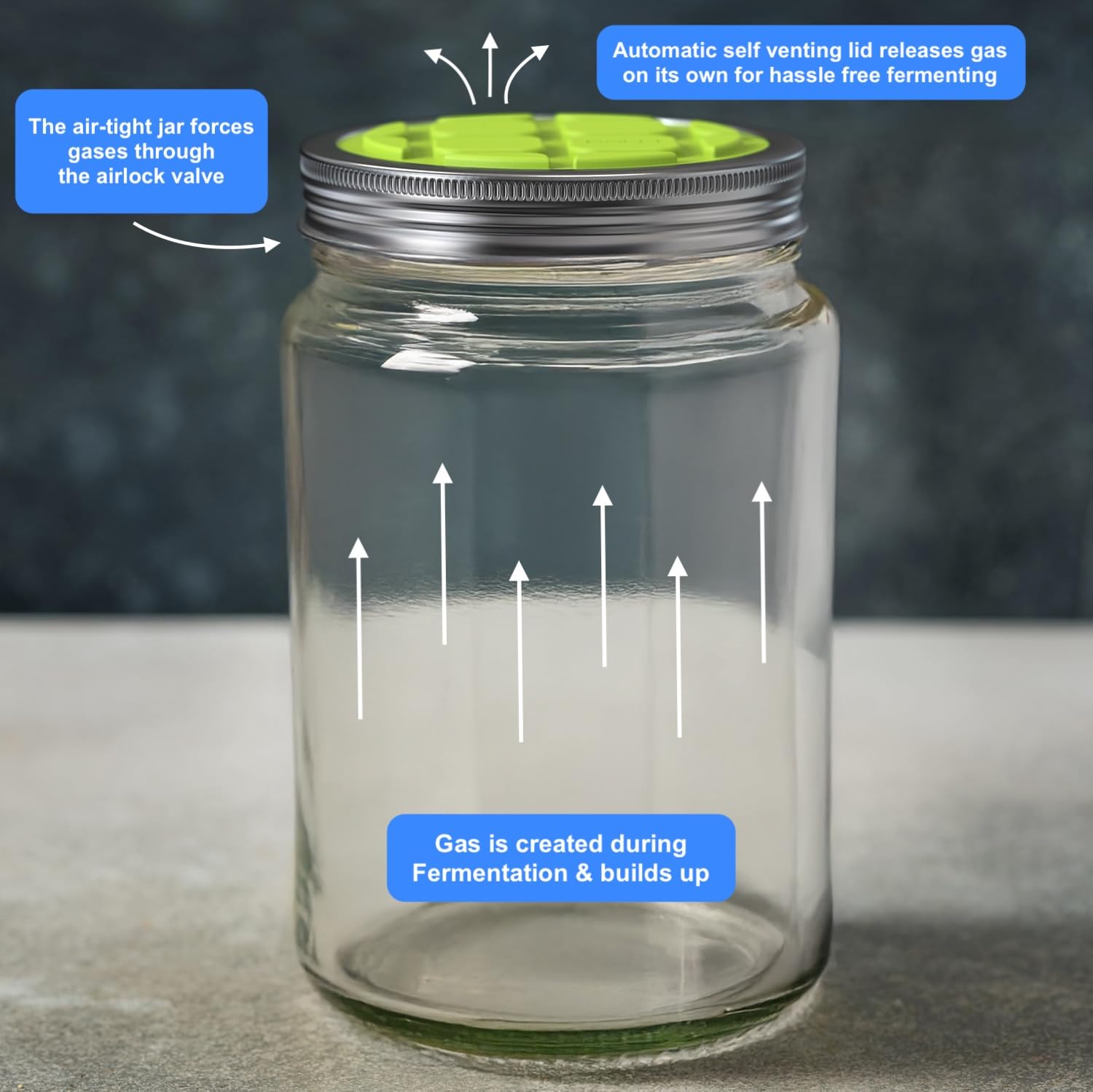Fermentation Lids for Wide Mouth Mason Jars - One Way Waterless Airlock Valve - BPA-Free, Self-Burping Silicone Lids, 4 Pack (Blue, Red, Green, Purple)