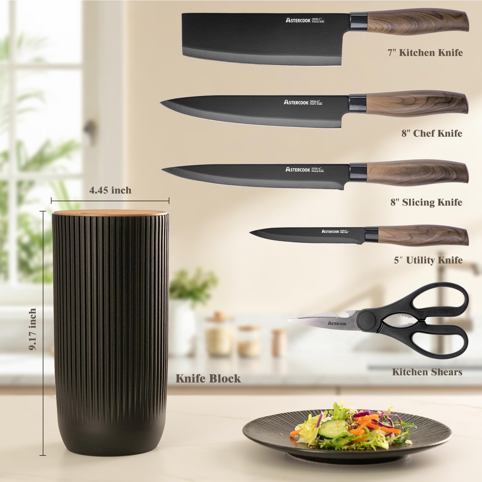 Astercook 6 Piece Black Kitchen Knife Set, Non-stick Stainless Steel Knife Block Set, Anti-Rust Dishwasher Safe Knife Set with Block