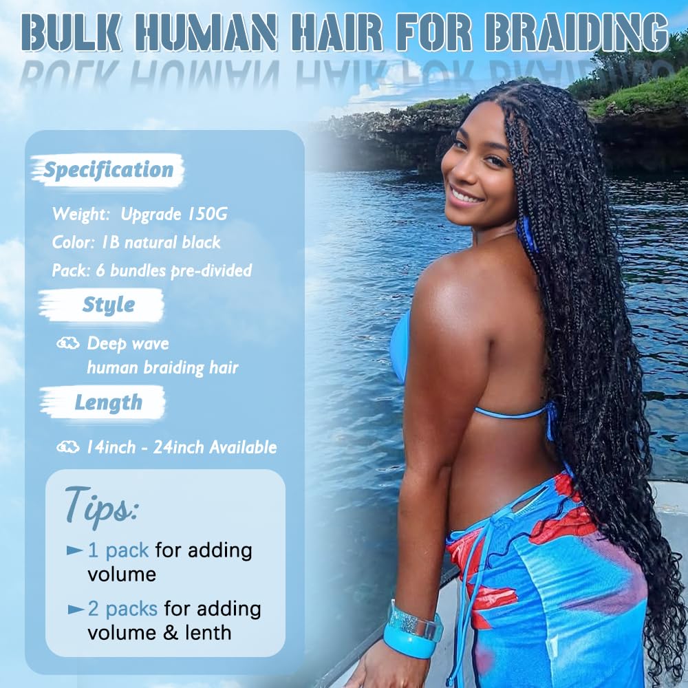 Human Braiding Hair for Boho Braids 150g 6 Bundles/Pack 20 Inch Deep Wave Bundles Human Hair Curly Boho Hair for Braiding 12A Bulk Braiding Hair Wet and Wavy Natural color