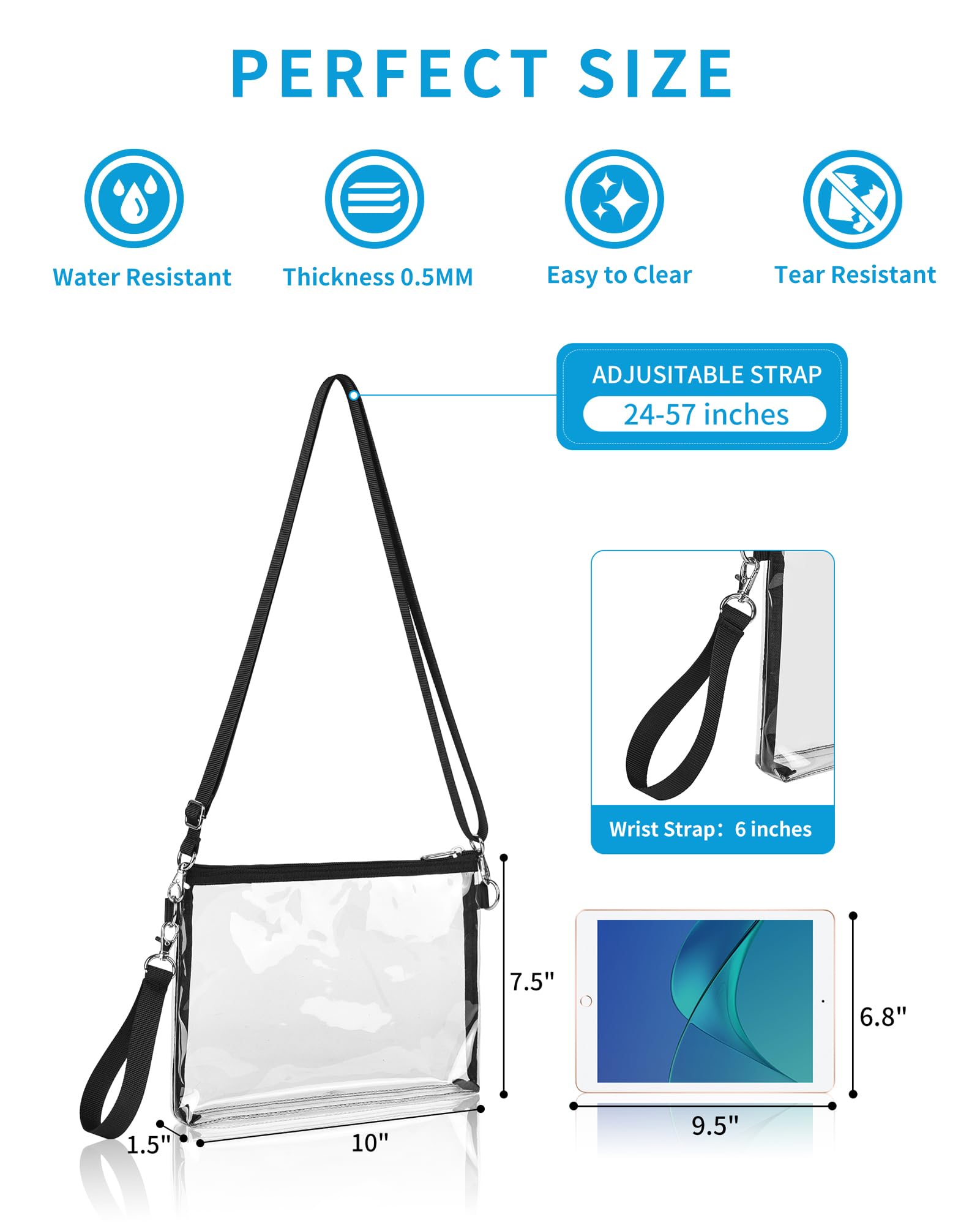 Bagenius Clear Purse Stadium Approved for Women, Transparent Clear Bag with Removable Straps, Coin Purse for Work Festival Sporting Events and Concert - Black