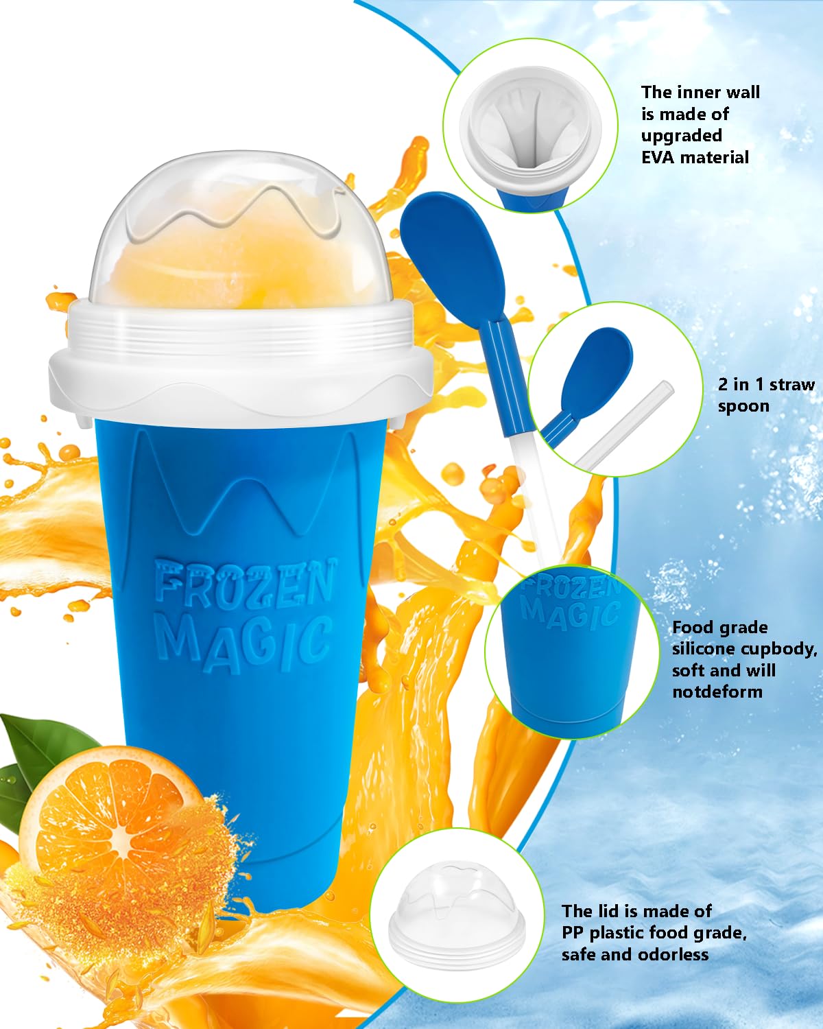 Bollove Slushy Maker Cup, DIY Magic Slushy Maker Squeeze Cup, Portable Smoothie Squeeze Cup for Juices, Milk and Ice Cream Make, Double Layers Silica Cup with Lid & Straw (Blue), 7.87*4.33in