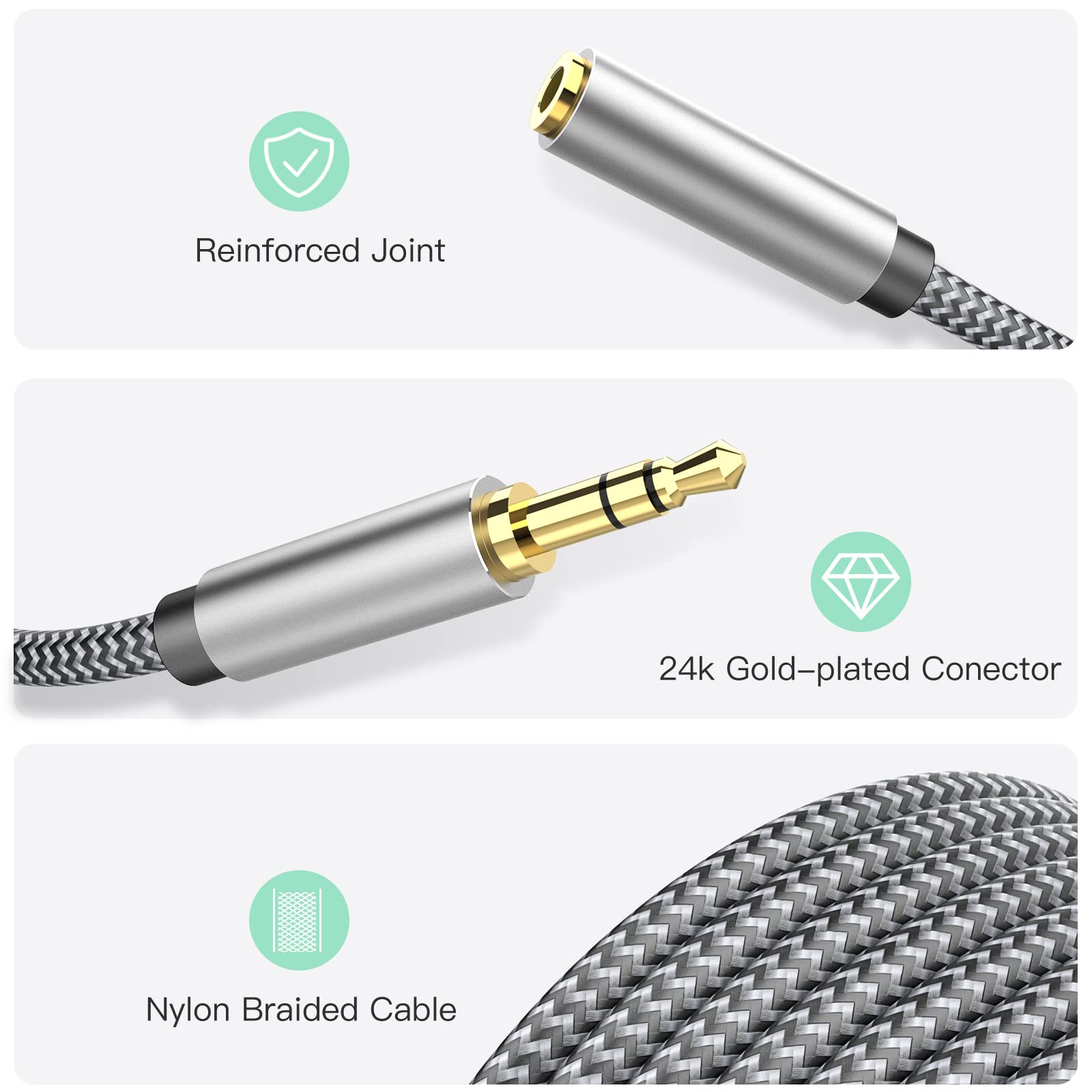 MORELECS Headphone Extension Cable 10ft - 3.5mm Extension Cable Nylon Braided Aux Cord Extender for Smartphones, Tablets, Media Players (No Mic Support)