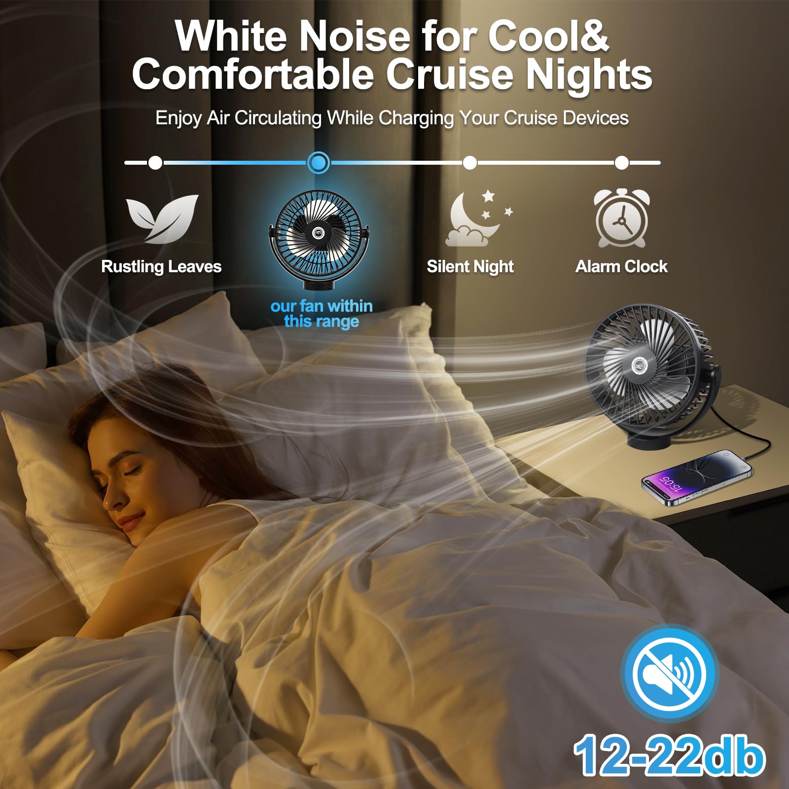 Magnetic Cruise Fan with 8000mAh Rechargeable Battery, LED Light, Timer&Power Output, Magnetically Sticks on Cabin Ceilings and Walls, Ship Approved Cabin Air Circulator