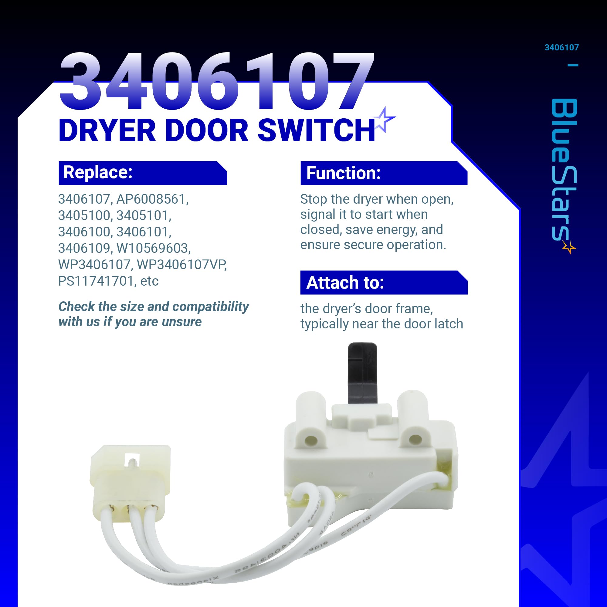 BlueStars WP3406107 3406107 Dryer Door Switch - Compatible with Whirlpool Maytag Kenmore Dryers - Replaces 3406109 3405100 3405101 3406100 3406101 AED4475TQ1 MEDC400VW0