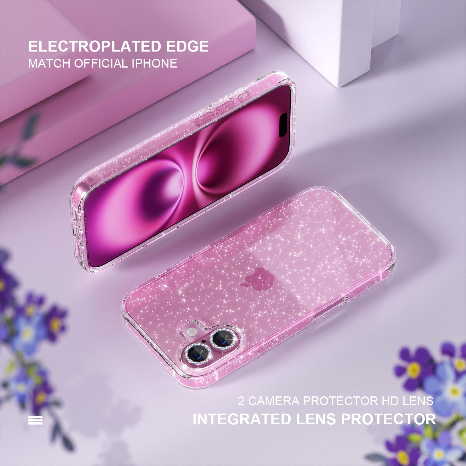 Choiche Compatible for iPhone 16 Plus Case Women Phone Case, Cute Bling Sparkly, Military Grade Drop Protection, 2 Diamond Camera Lens Covers, 2 Tempered Glass Protectors, 6.7 inch (Glitter Clear)