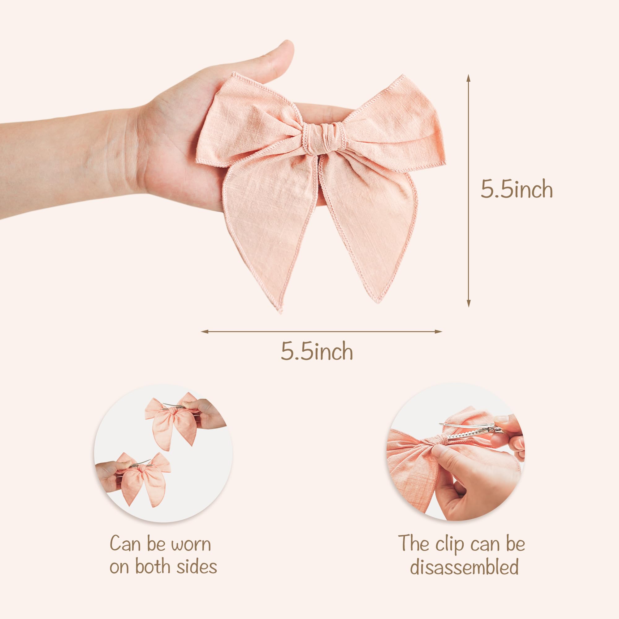 Niceye Fable Girls Hair Bows Cotton Linen Alligator Hair Clips or Little Girls Toddlers Kids Neutral Handmade Hair Accessories - 5.5” bow