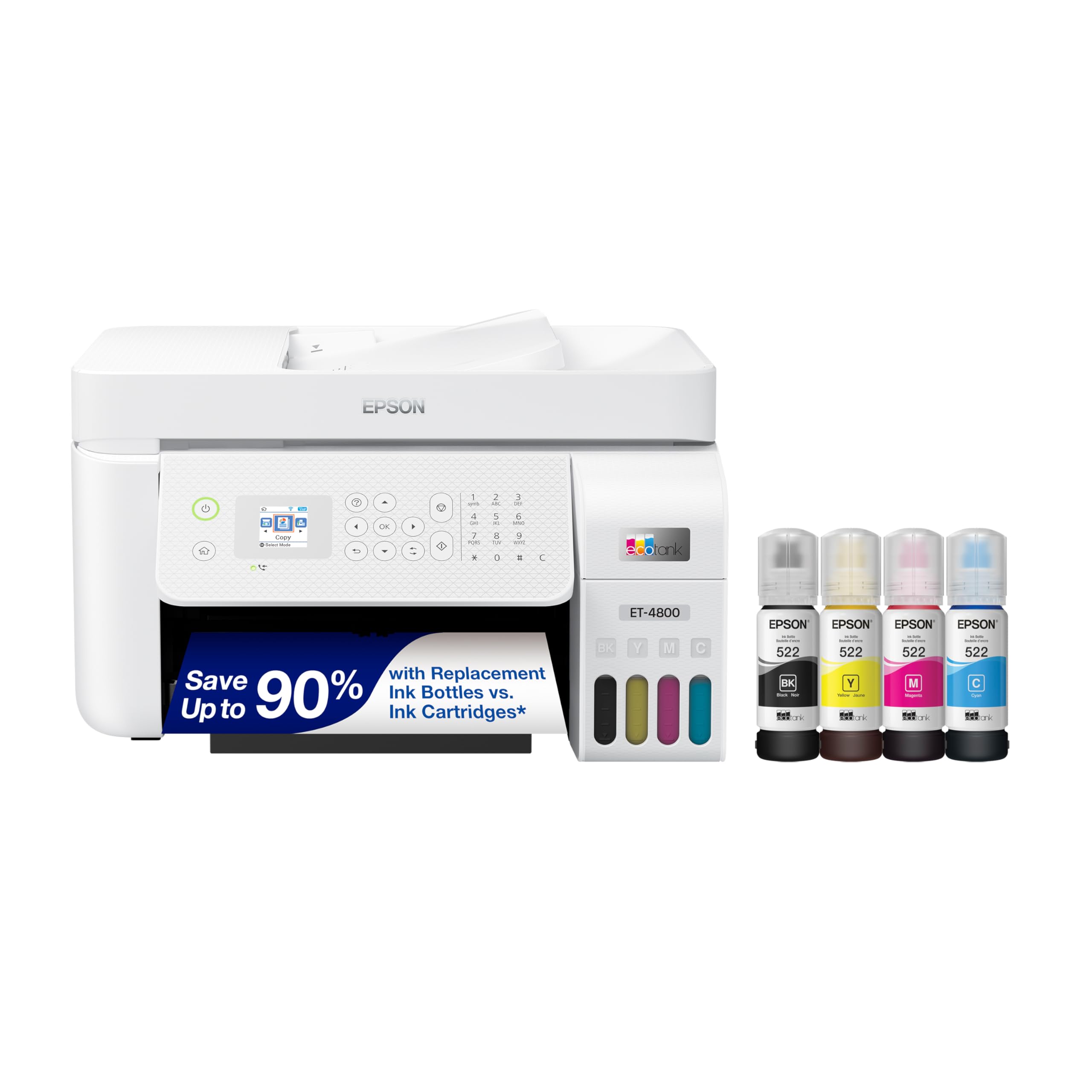 Epson EcoTank ET-4800 Wireless All-in-One Cartridge-Free Supertank Printer with Scanner, Copier, Fax, ADF and Ethernet - Ideal-for Your Home Office, White