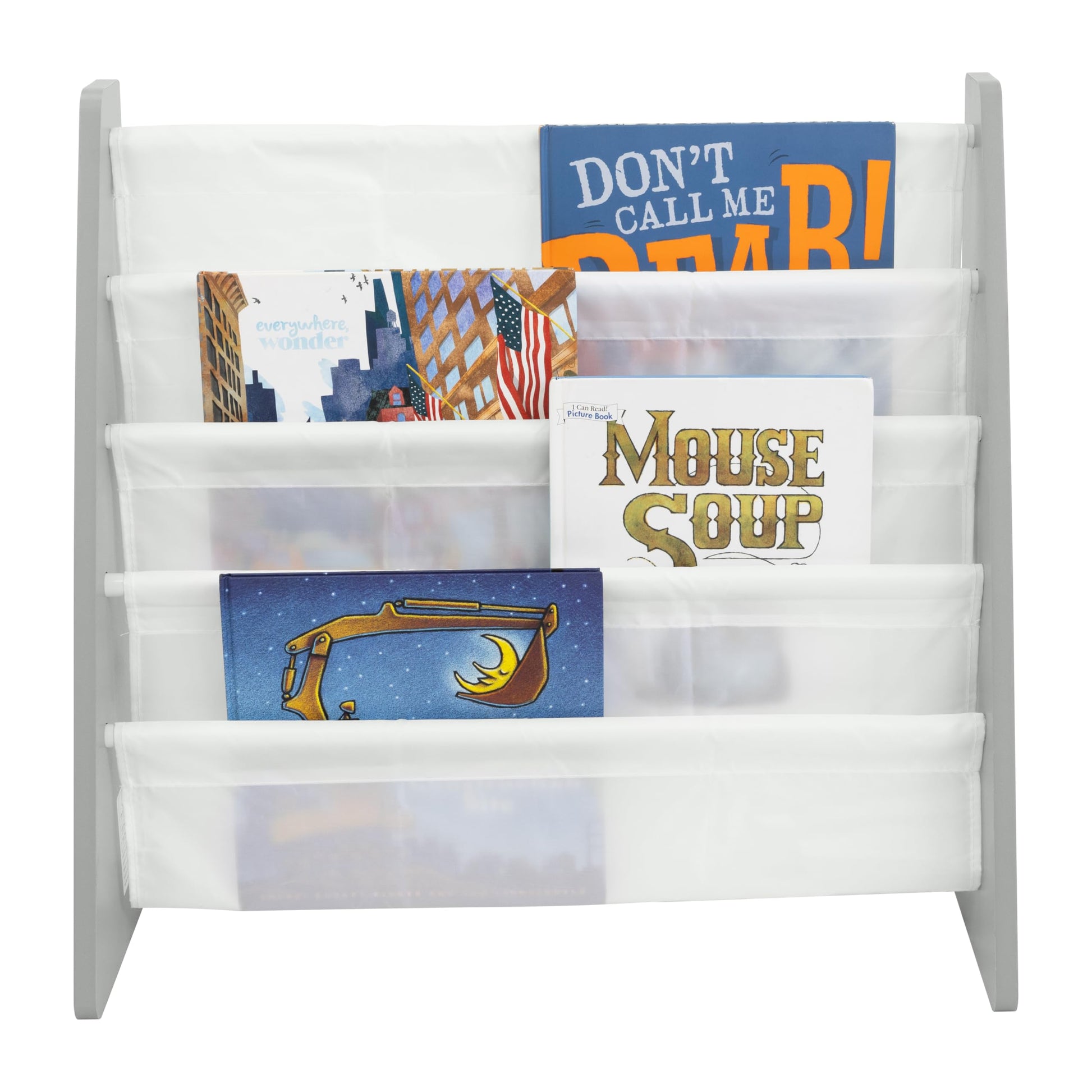 Humble Crew 4-Tier Kids Bookshelf, Grey Wood/White - Premium Book Shelf for Kids Rooms with Four Deep Pockets - Toddler Sling Book Rack with Deep Sleeves, Nursery Bookcase Organizer