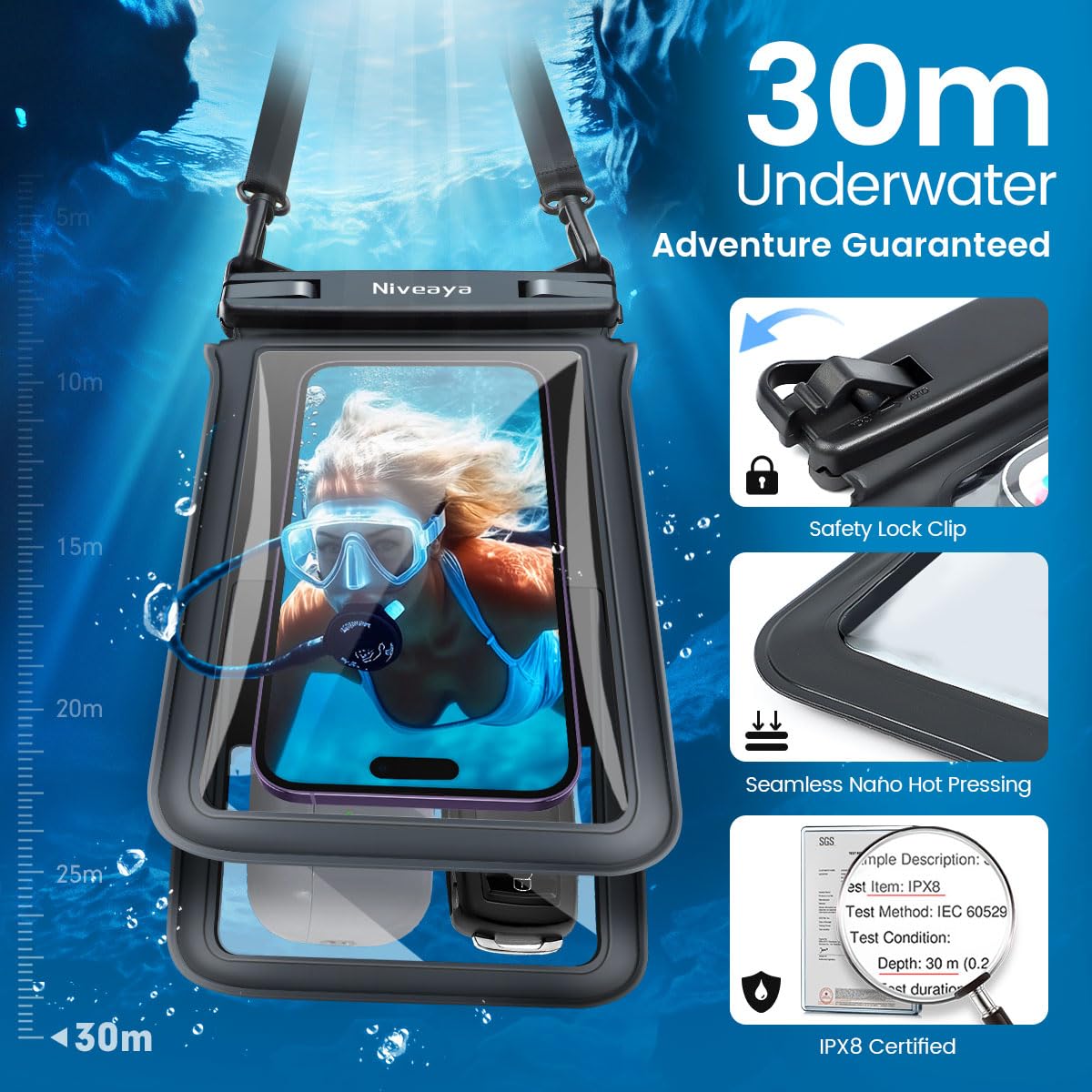 Niveaya Double Space Waterproof Phone Pouch (2-Pack) - IPX8 Cell Phone Dry Bag for Beach, Kayak, Cruise Travel Essentials - Compatible with iPhone 16/15/14 Pro Max & Galaxy S25/S24 Ultra (up to 8.3")