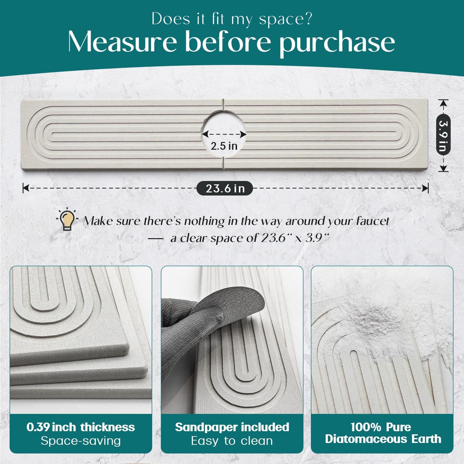 Eormoe Stone Faucet Mat for Kitchen Sink – Diatomite Drying Stone Mat & Sink Protector, Prevent Moisture – Sink Splash Guard Water-Absorbing Stone Tray for Bathroom Counter [Light Grey,23.6" x 3.9"]