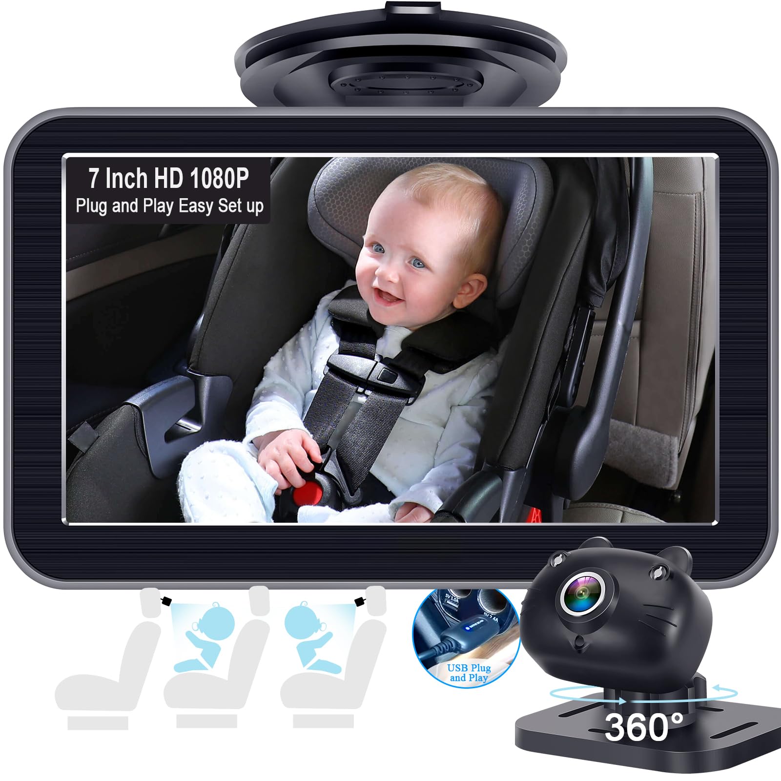 DoHonest Baby-Auto-Kamera 7 Zoll: USB Plug and Play Einfache Einrichtung 360 Grad drehbare Rücksitzkamera Zwei Kinder HD 1080P Rückfahrkameras Klare Nachtsicht -V9