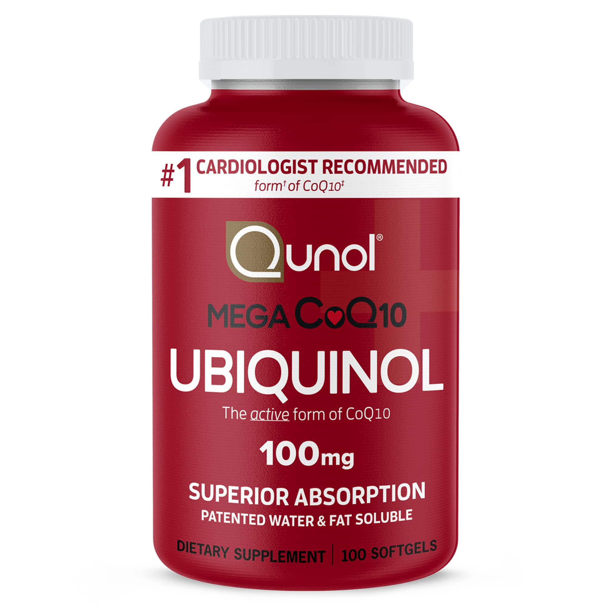 Qunol Mega Ubiquinol 100mg CoQ10, Superior Absorption, Patented Water and Fat Soluble Natural Supplement Form of Coenzyme Q10, Antioxidant for Heart Health, 100 Count Softgels