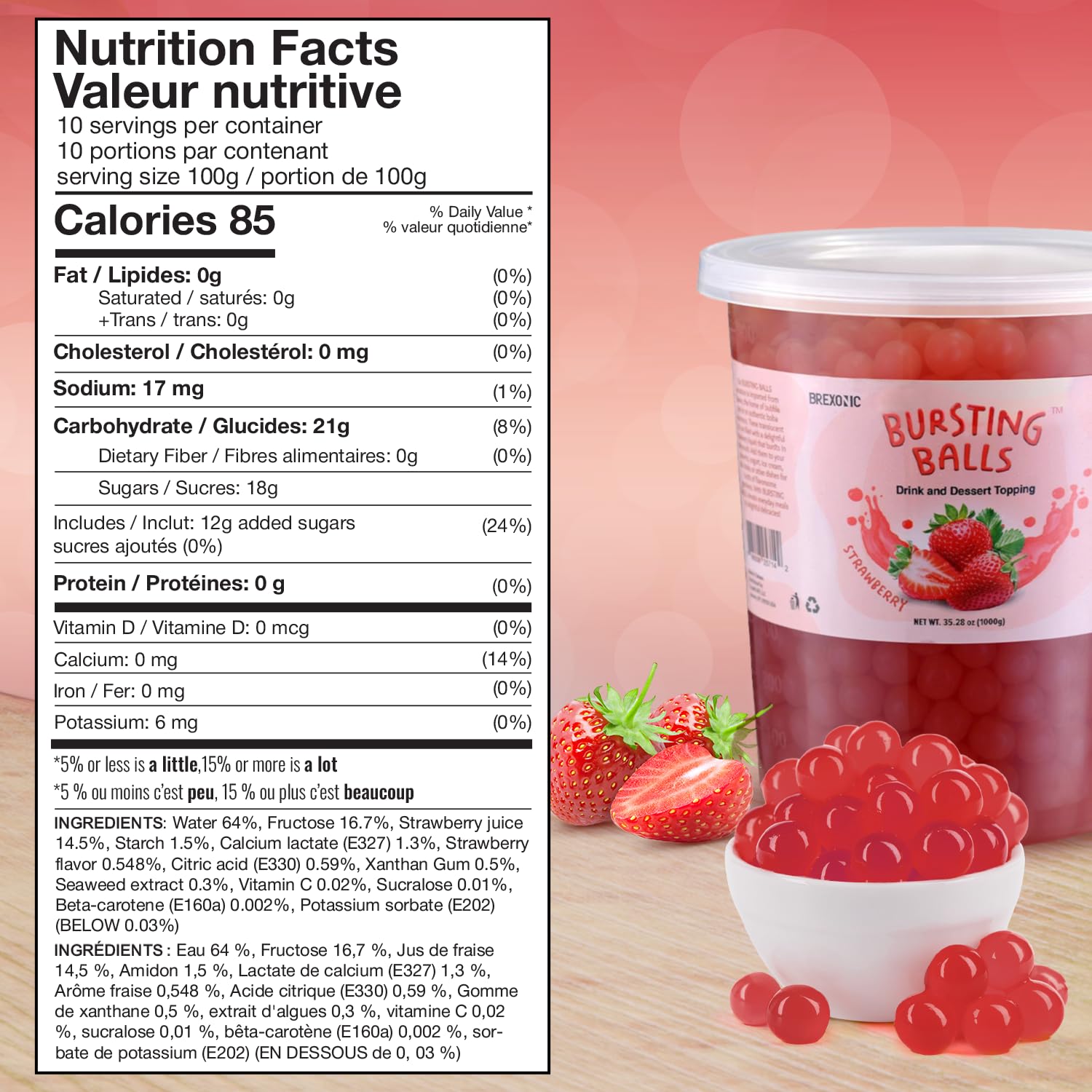 BREXONIC Boba Pearls Popping Bursting Boba, Tapioca Pearls For Bubble Tea (Strawberry , 2 LB 1 Pack)