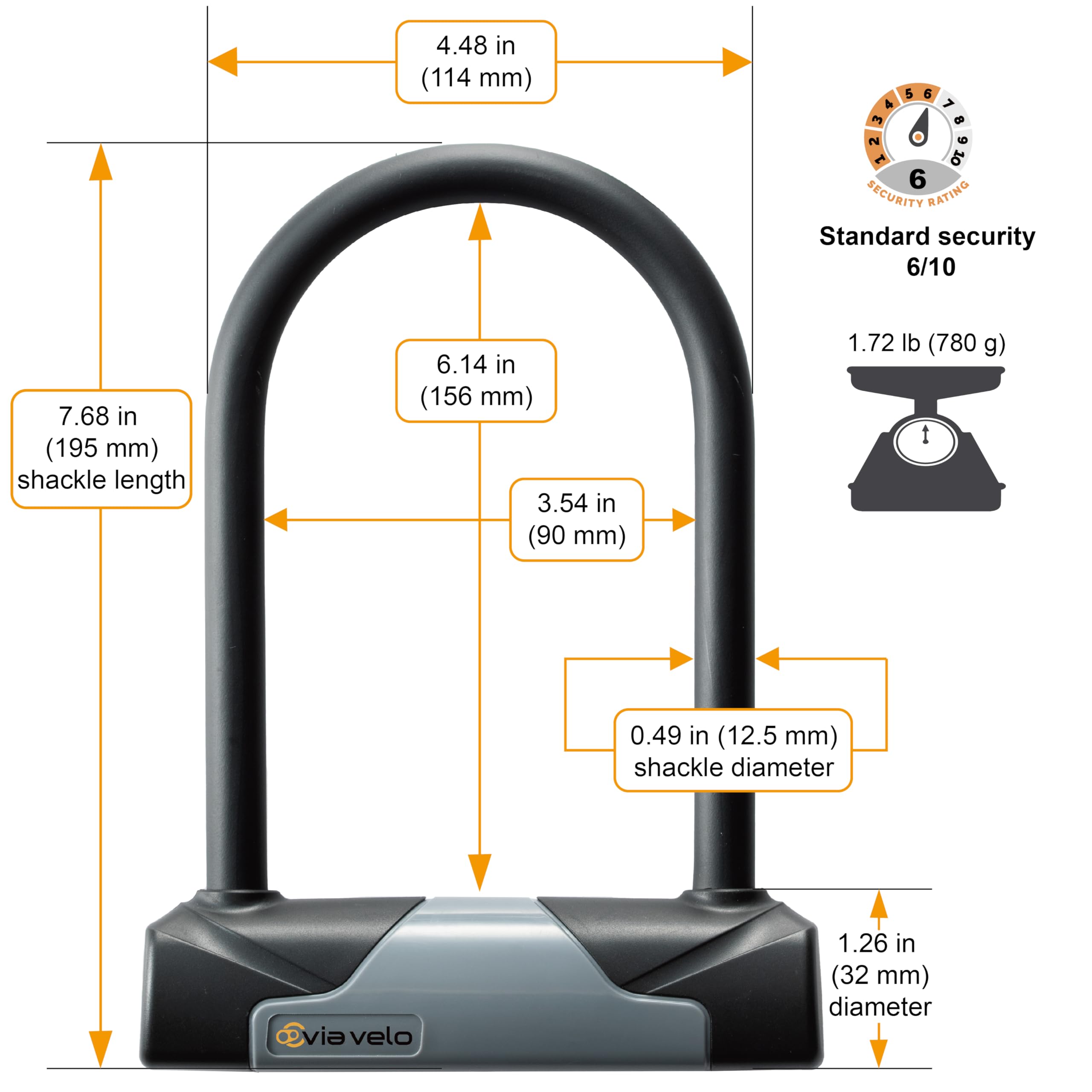 Via Velo Bike U-Lock with Cable, Heavy Duty Anti-Theft Bicycle U Locks with 8mm Braided Steel and 3 Keys, 4ft Length Security Cable for Bike, Scooter Mountain Road Bike