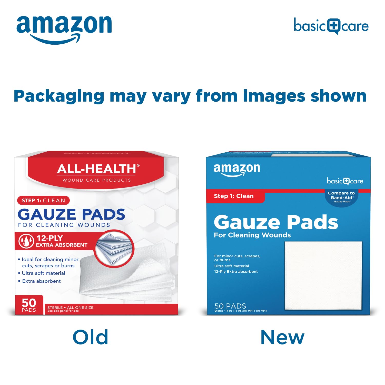 Amazon Basic Care Gauze Pads, 4x4 inches Sterile Medical Wound Dressing Sponges for Cleaning, Covering, & Cushioning Cuts & Minor Injuries, 50 Count (Pack of 1), (Previously All Health)