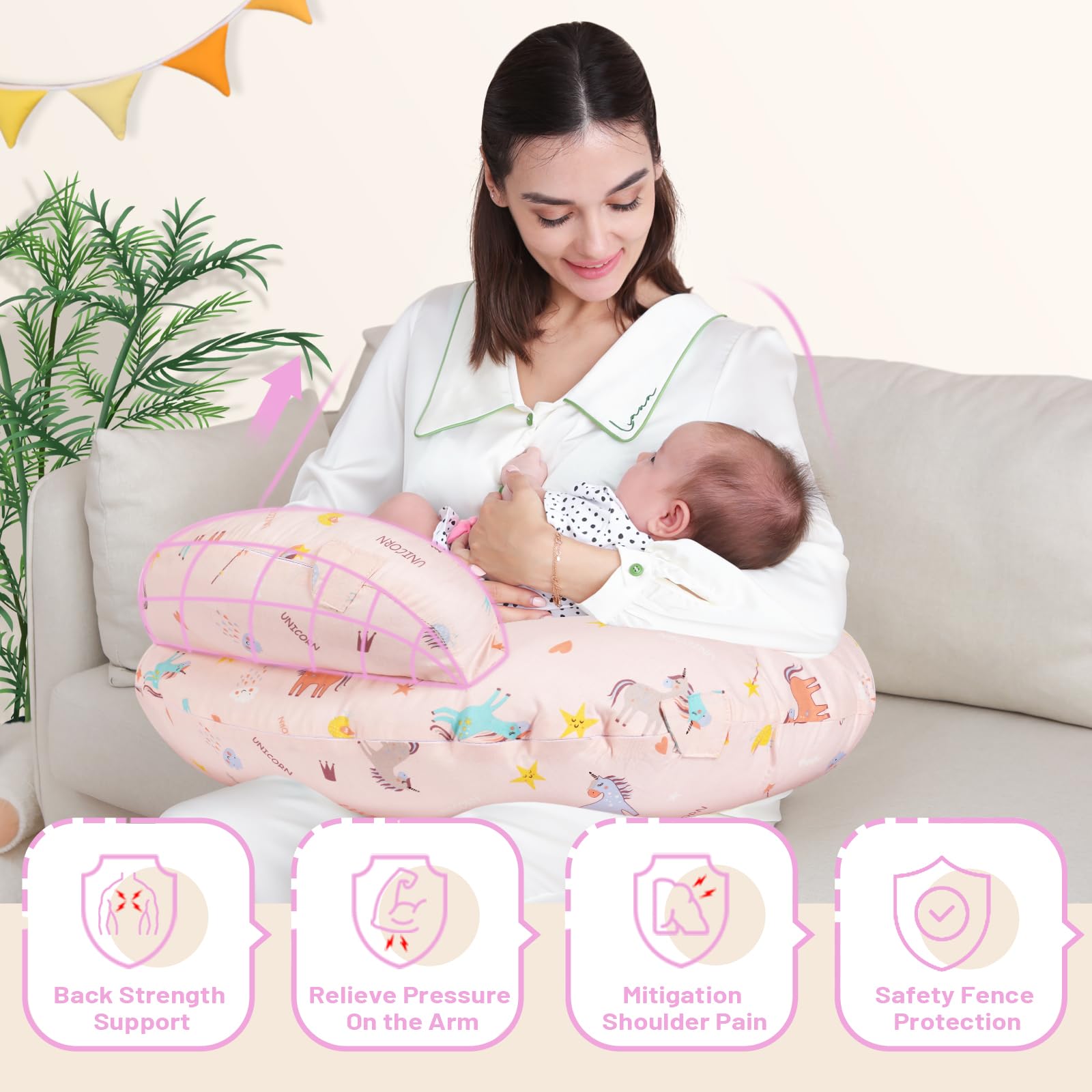 AMASKY Nursing Pillow, Breastfeeding Pillows, with Removable Pillow Cover, Ergonomic Nursing Essentials for Bottle Feeding, Machine Washable, Pink