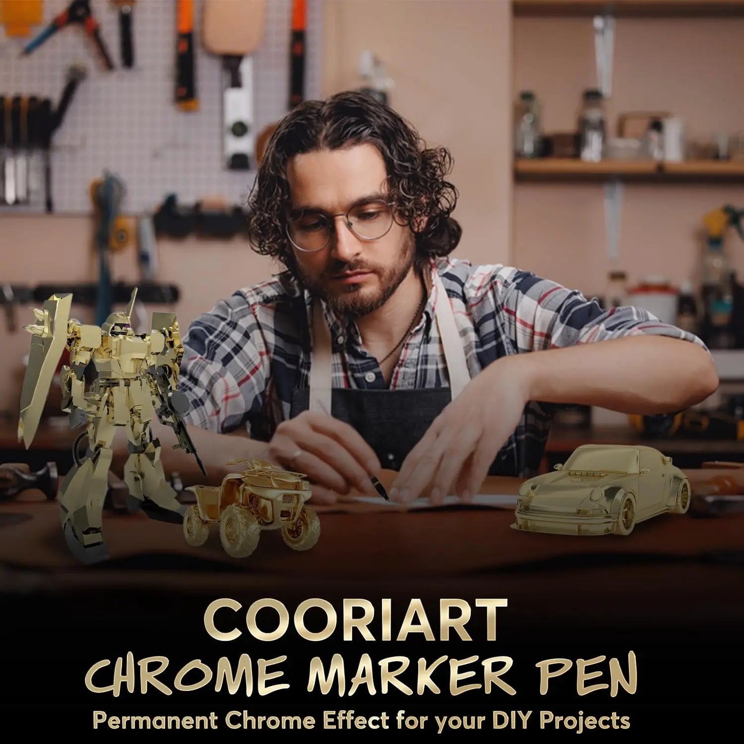 COORIART 3PK Permanent Mirror Chrome Gold Markers – Metallic Gold Paint Pens for Metal, Plastic, Fabric, Jewelry, Model Painting, Touch-Up and Repair Kit, Set of 3 Tips (0.7mm, 1mm, 3mm)