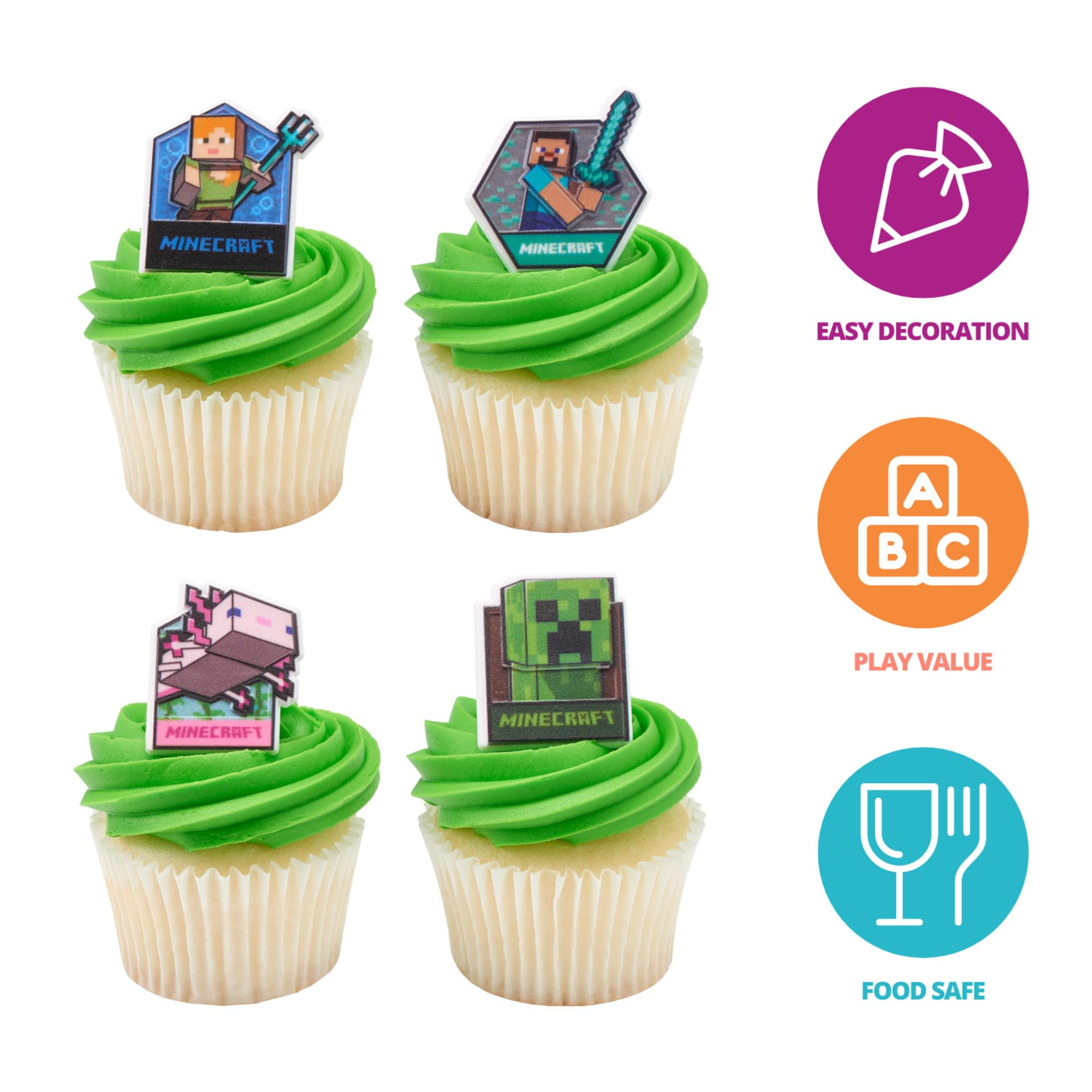 DecoPac Minecraft Lush Finds Rings, Cupcake Decorations Featuring Creeper, Alex, Steve and Axolotl! Multicolored 3D Food Safe Cake Toppers – 24 Pack