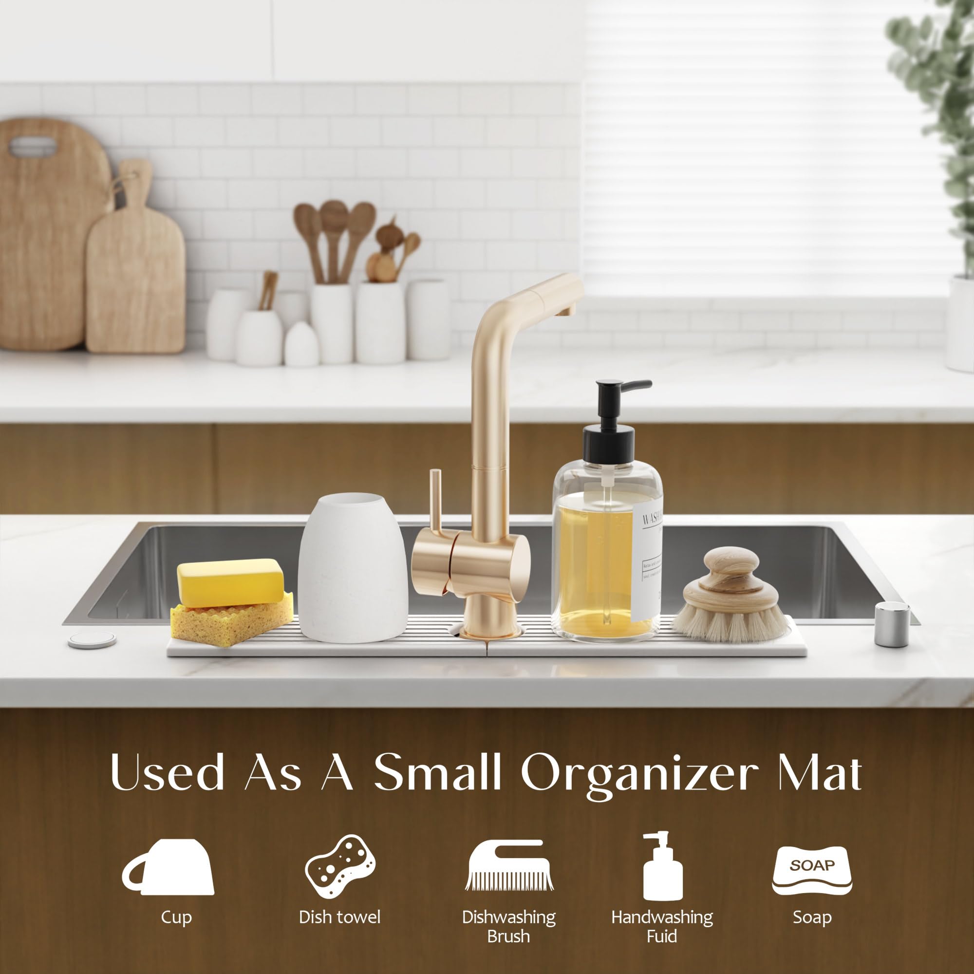Eormoe Stone Faucet Mat for Kitchen Sink – Diatomite Drying Stone Mat & Sink Protector, Prevent Moisture – Sink Splash Guard Water-Absorbing Stone Tray for Bathroom Counter [Light Grey,23.6" x 3.9"]