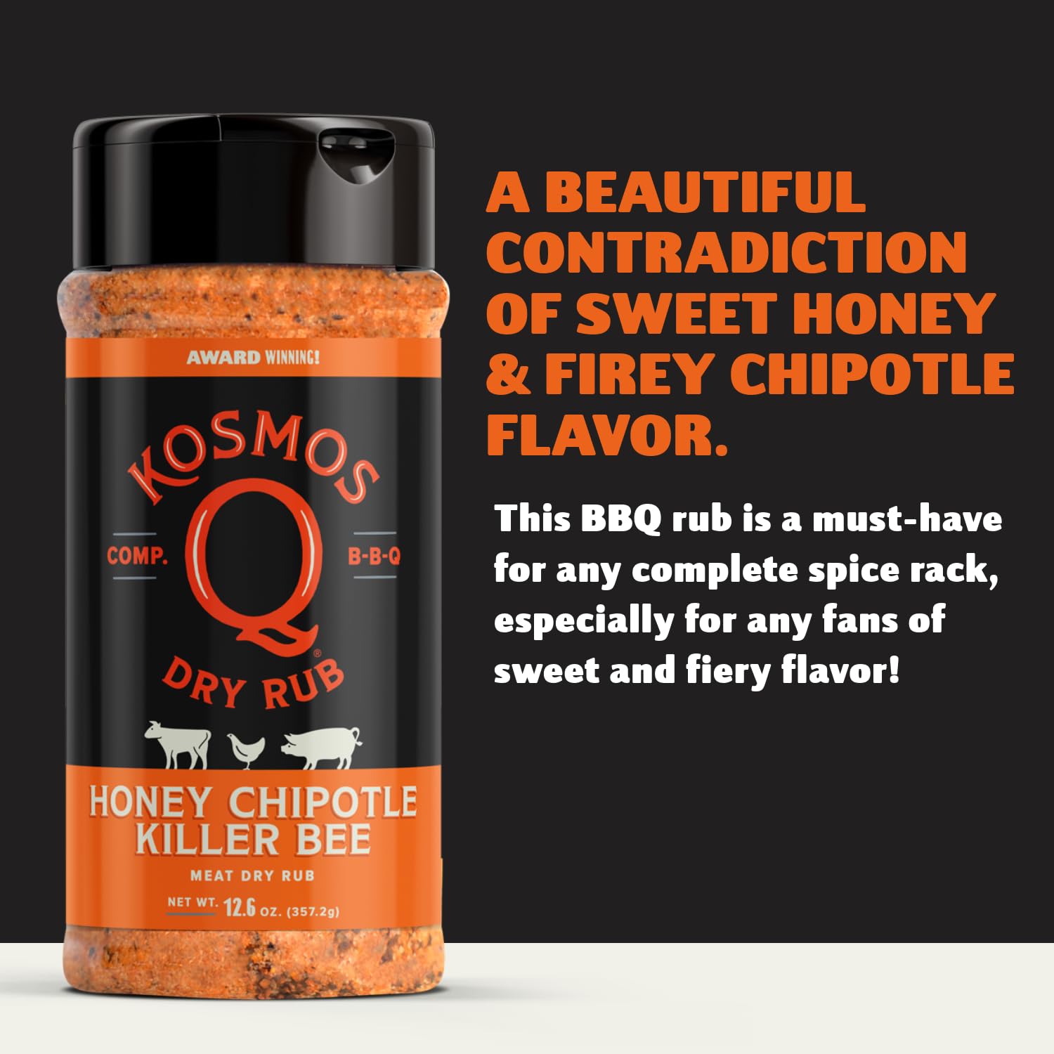 Kosmos Q Honey Chipotle Killer Bee BBQ Dry Rub, Sweet and Spicy Seasoning with Sugar, Chipotle, Garlic & Paprika for Ribs, Pulled Pork, Chicken, Dry Rub For Smoking & Grilling, 12.6 Oz Shaker Bottle