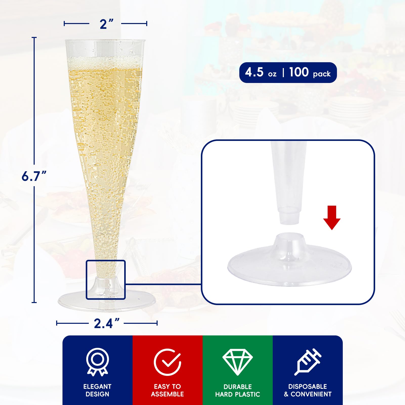 JOLLY CHEF 100 Pack Plastic Champagne Flutes Disposable 4.5 oz Clear Plastic Champagne Glasses Perfect for Wedding, Thanksgiving Day, Christmas