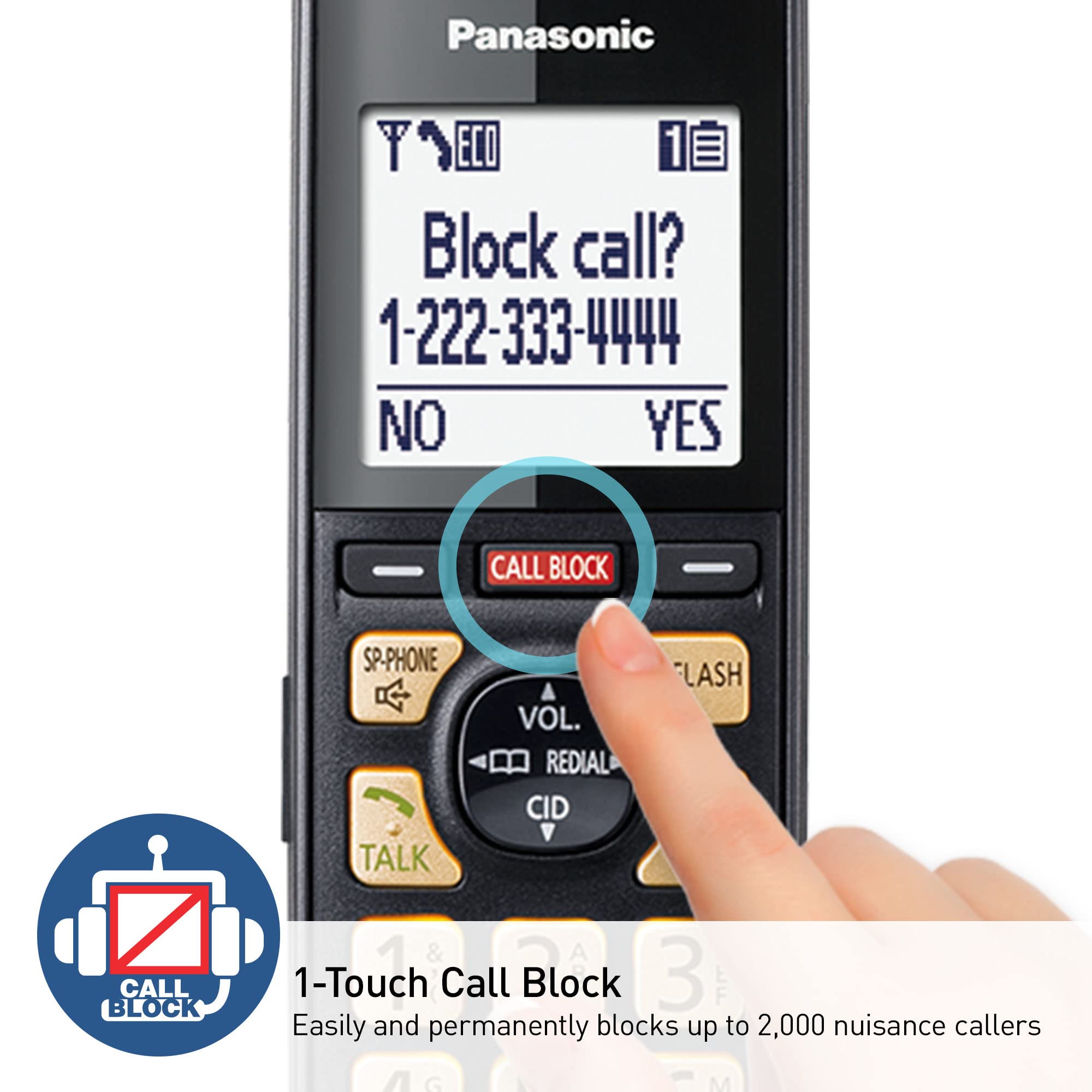 Panasonic Cordless Phone with Advanced Call Block, One-Ring Scam Alert, and 2-Way Recording with Answering Machine, 4 Handsets - KX-TGF944B (Black)