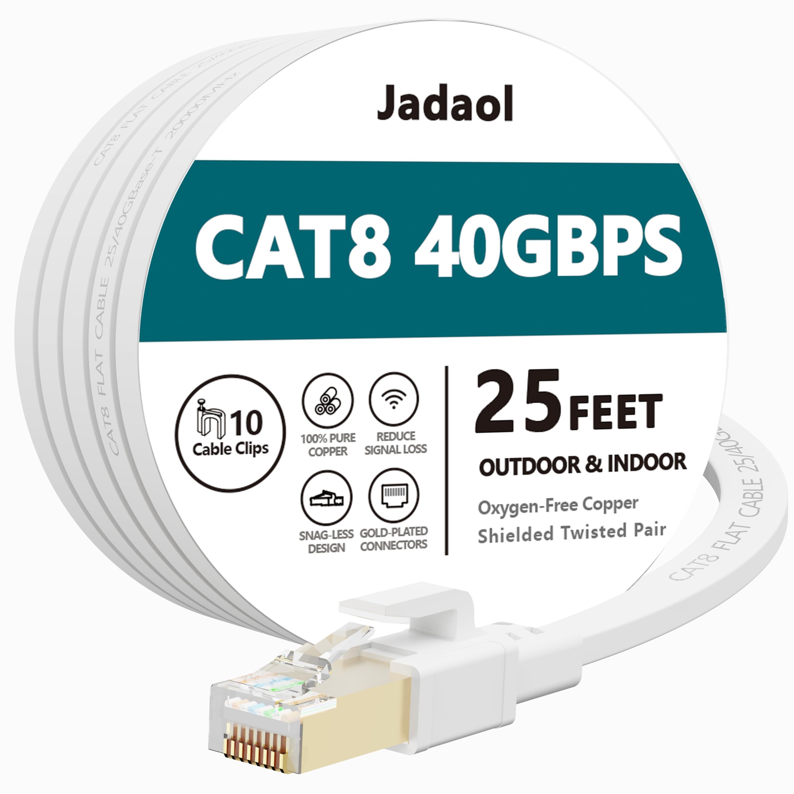 Cat8 Ethernet Cable, Outdoor&Indoor, 25 FT Heavy Duty High Speed Cat 8 LAN Network Cable, 40Gbps 2000MHz RJ45 Flat Internet Computer Patch Cord, Weatherproof S/FTP UV Resistant for Router/Modem/Gaming