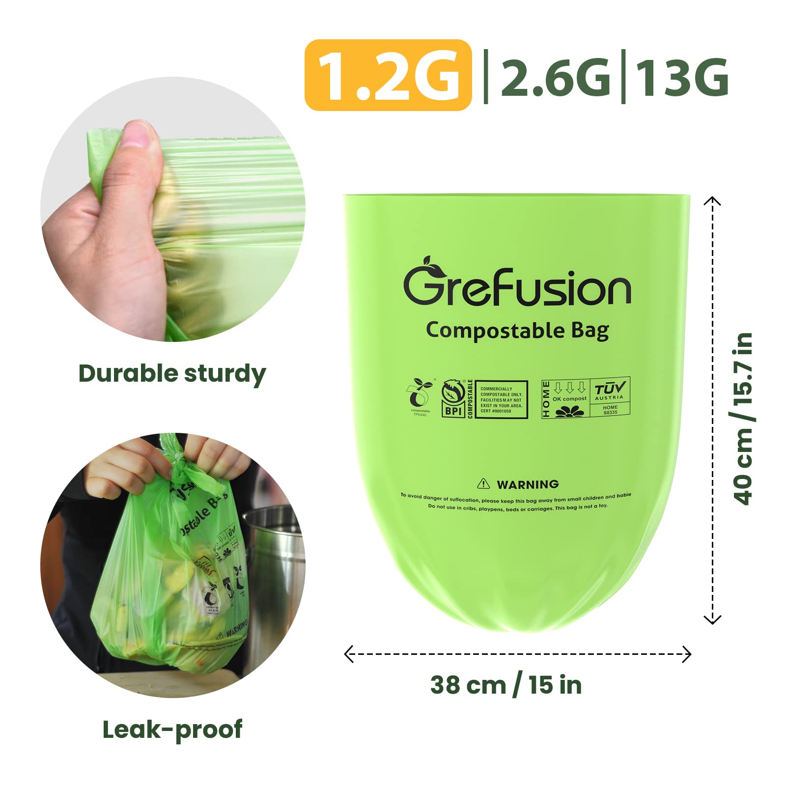GreFusion Compostable Bags for Kitchen Compost Bin, 1.2 Gallon, 125 Count, Certified by BPI and ASTM, Leakproof and Odor Control