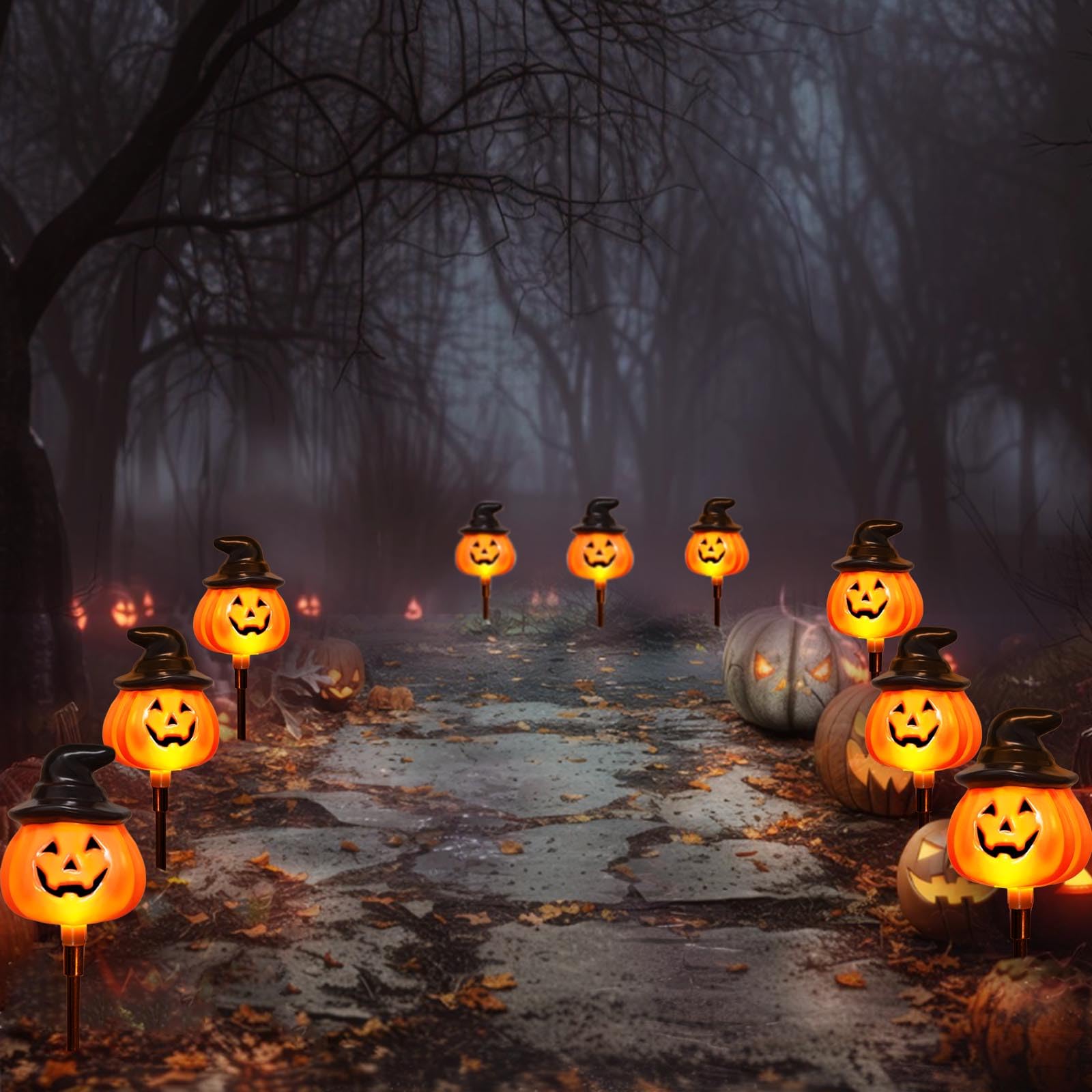 6 Pack Solar Jack O Lantern Stake String Lights - Orange Halloween Pathway Decor for Outdoor Halloween Yard Display