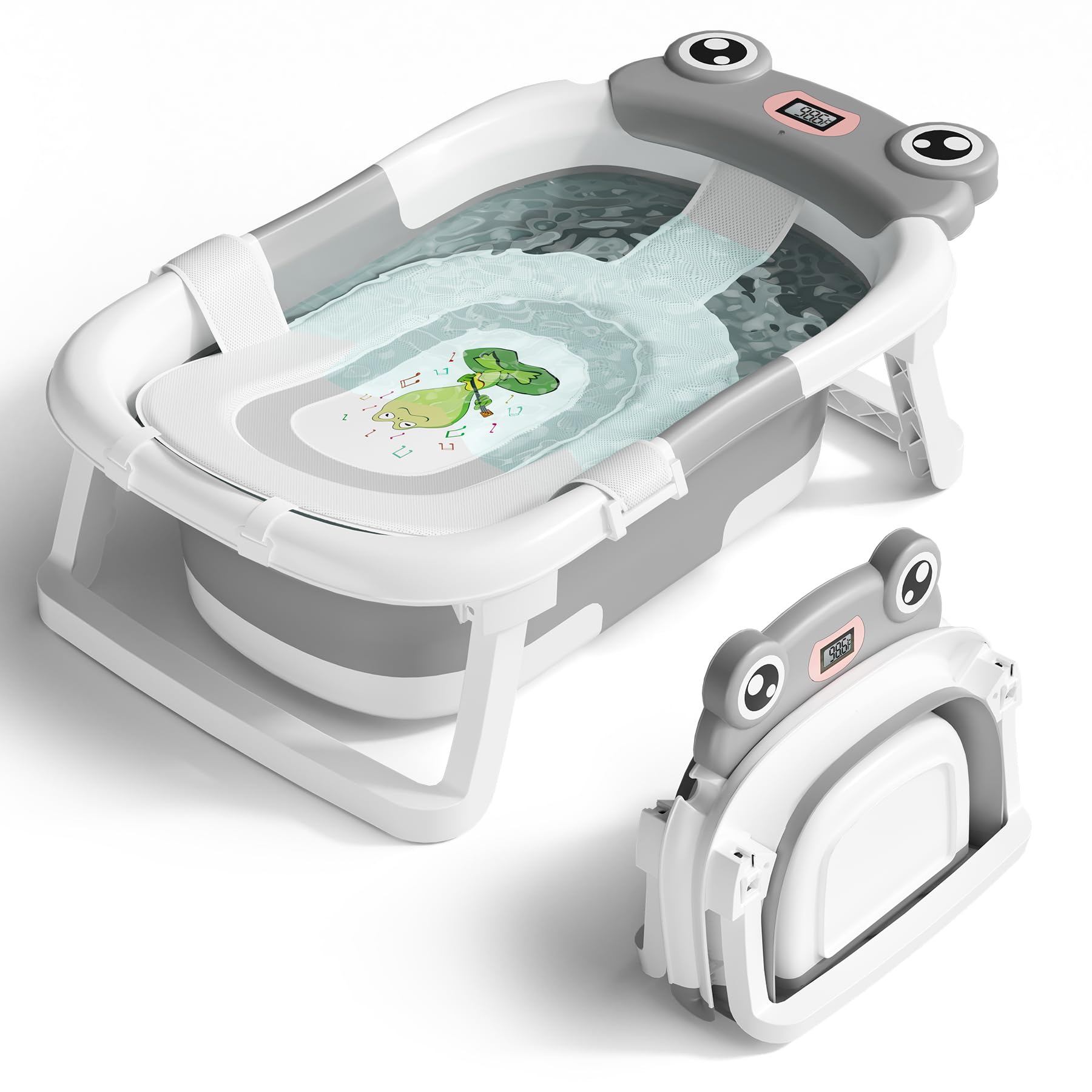 Baby-Badewanne, faltbare Neugeborenen-Badewanne für Säuglinge bis Kleinkinder von 0-24 Monaten mit weichem Kissen und Thermometer, tragbare Reise-Neugeborenen-Wanne mit rutschfesten Füßen, Babyparty-Geschenke, Grau